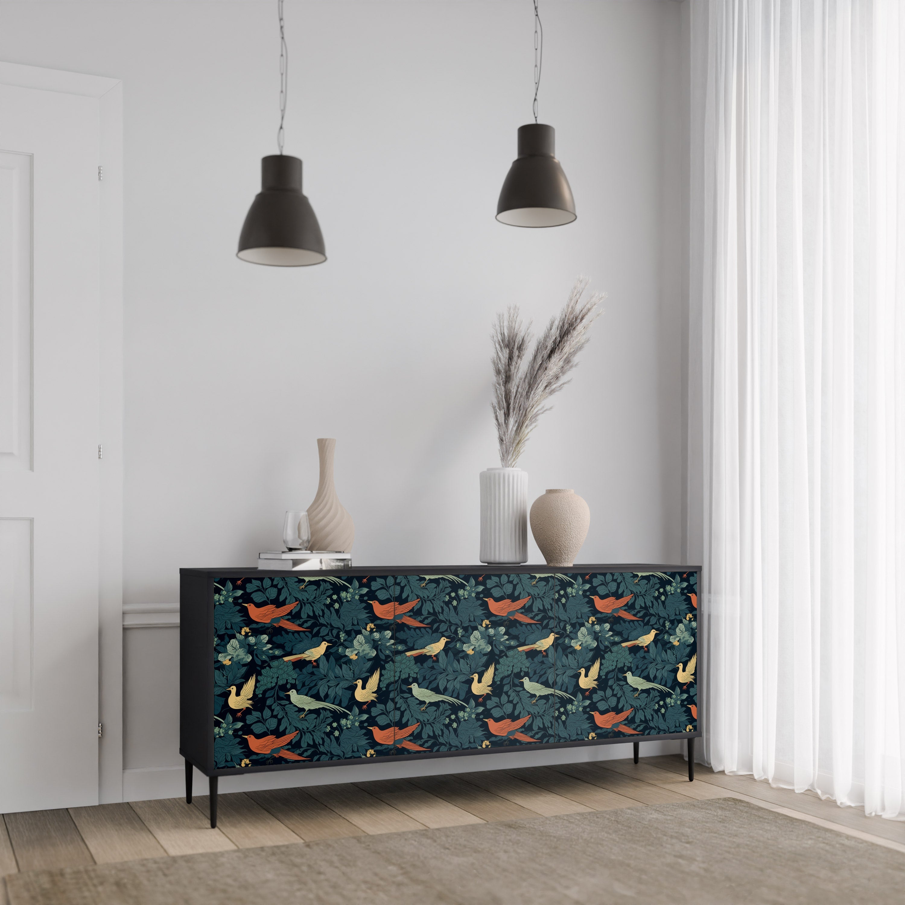Μπουφές FOWL ORNAMENT με 3 πόρτες σε μαύρο φινίρισμα