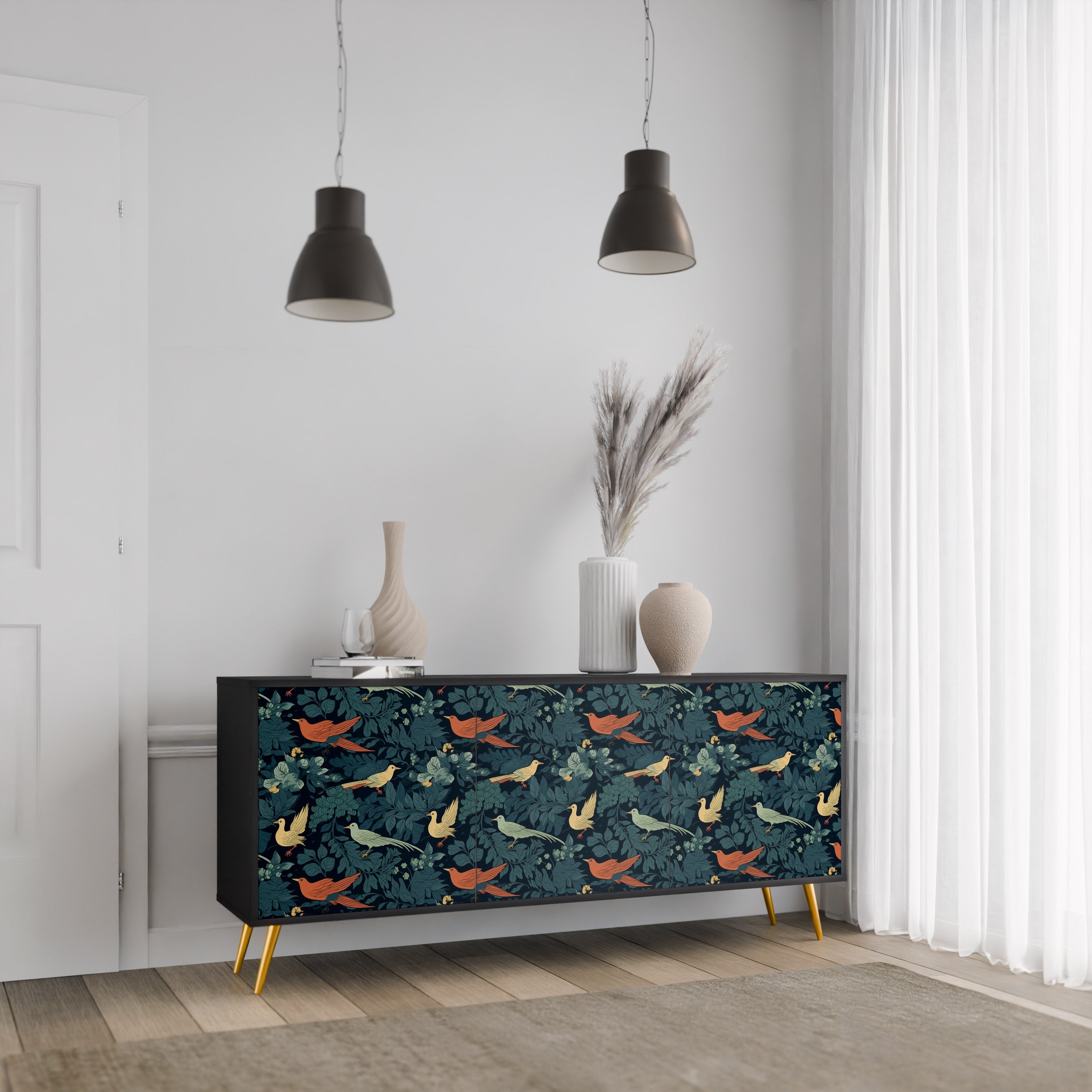 Μπουφές FOWL ORNAMENT με 3 πόρτες σε μαύρο φινίρισμα