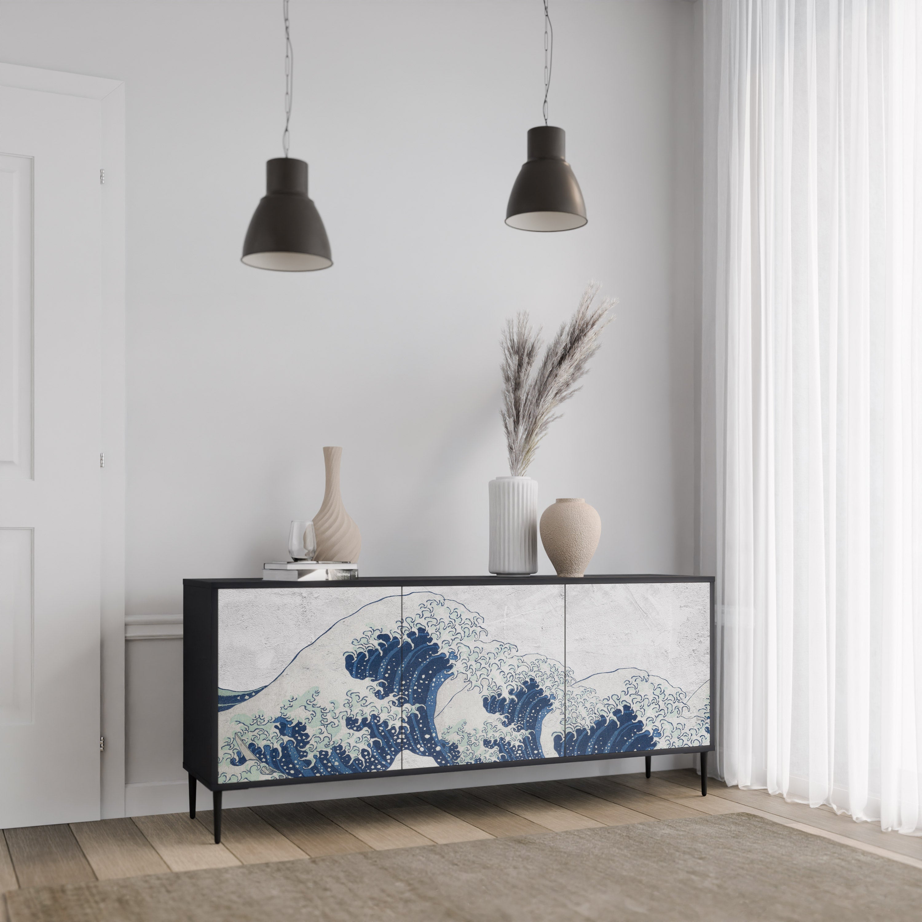 Μπουφές THE GREAT WAVE AT KANAGAWA με 3 πόρτες σε μαύρο φινίρισμα