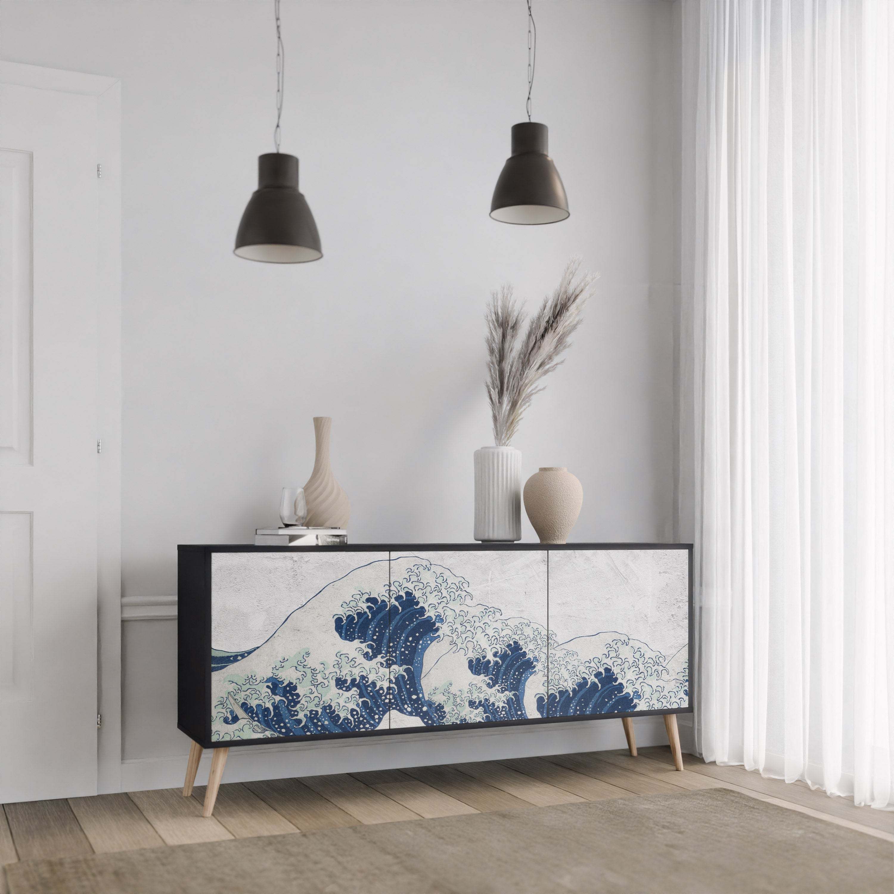 Μπουφές THE GREAT WAVE AT KANAGAWA με 3 πόρτες σε μαύρο φινίρισμα