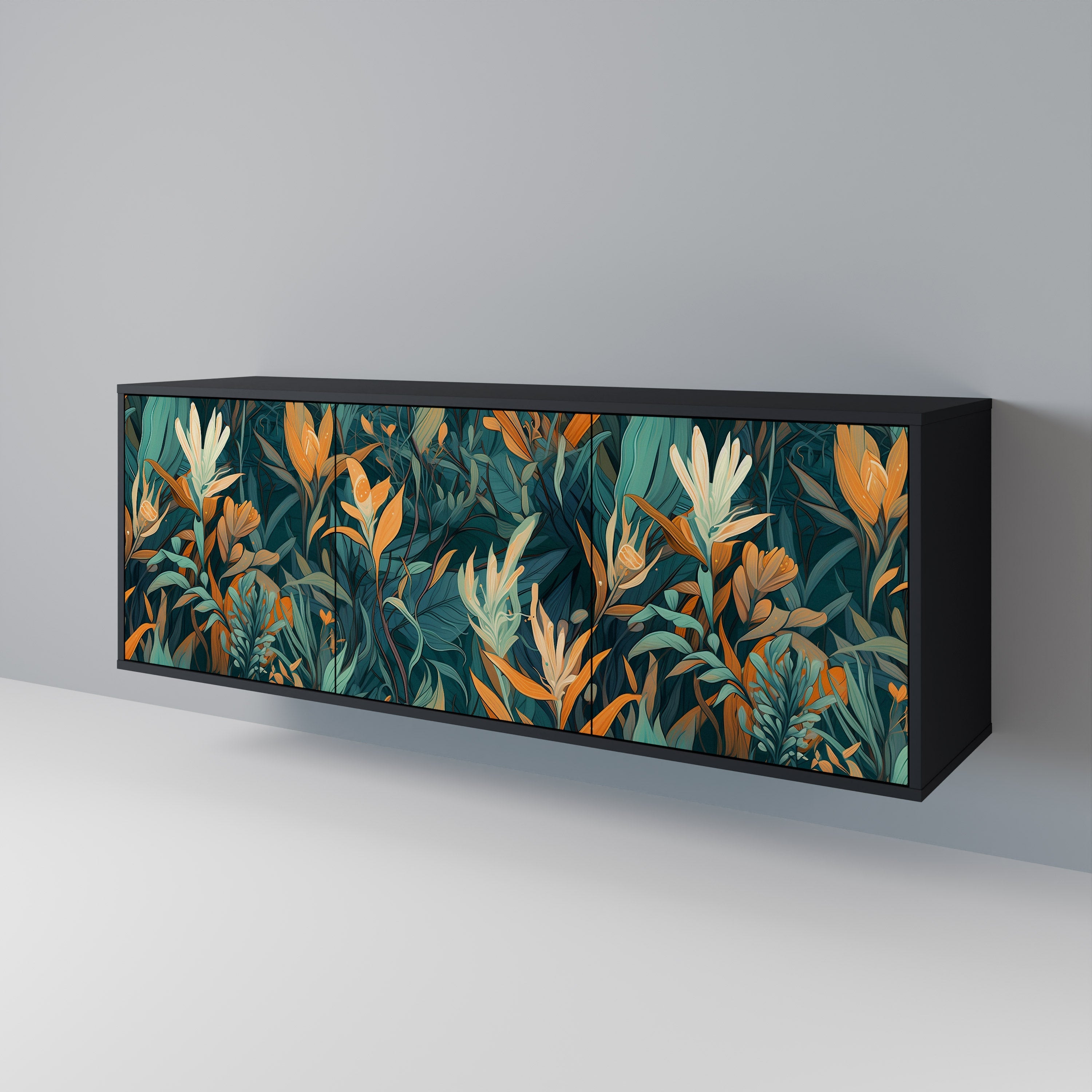 Μπουφές FLORAL SERENITY με 3 πόρτες σε μαύρο φινίρισμα