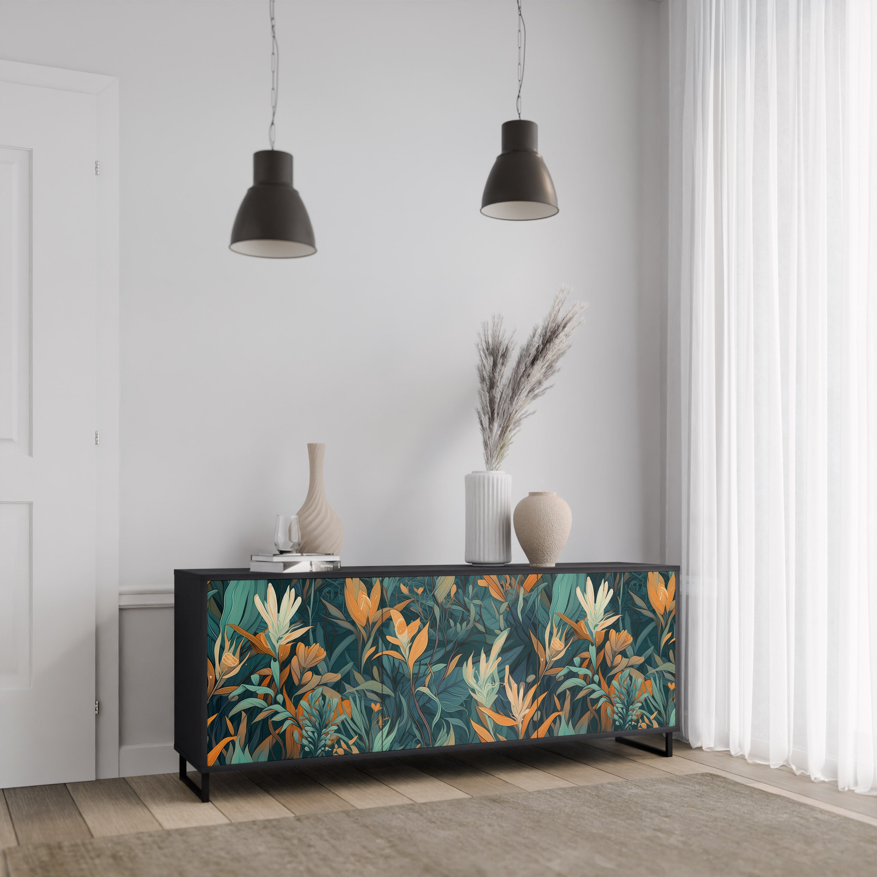 Μπουφές FLORAL SERENITY με 3 πόρτες σε μαύρο φινίρισμα