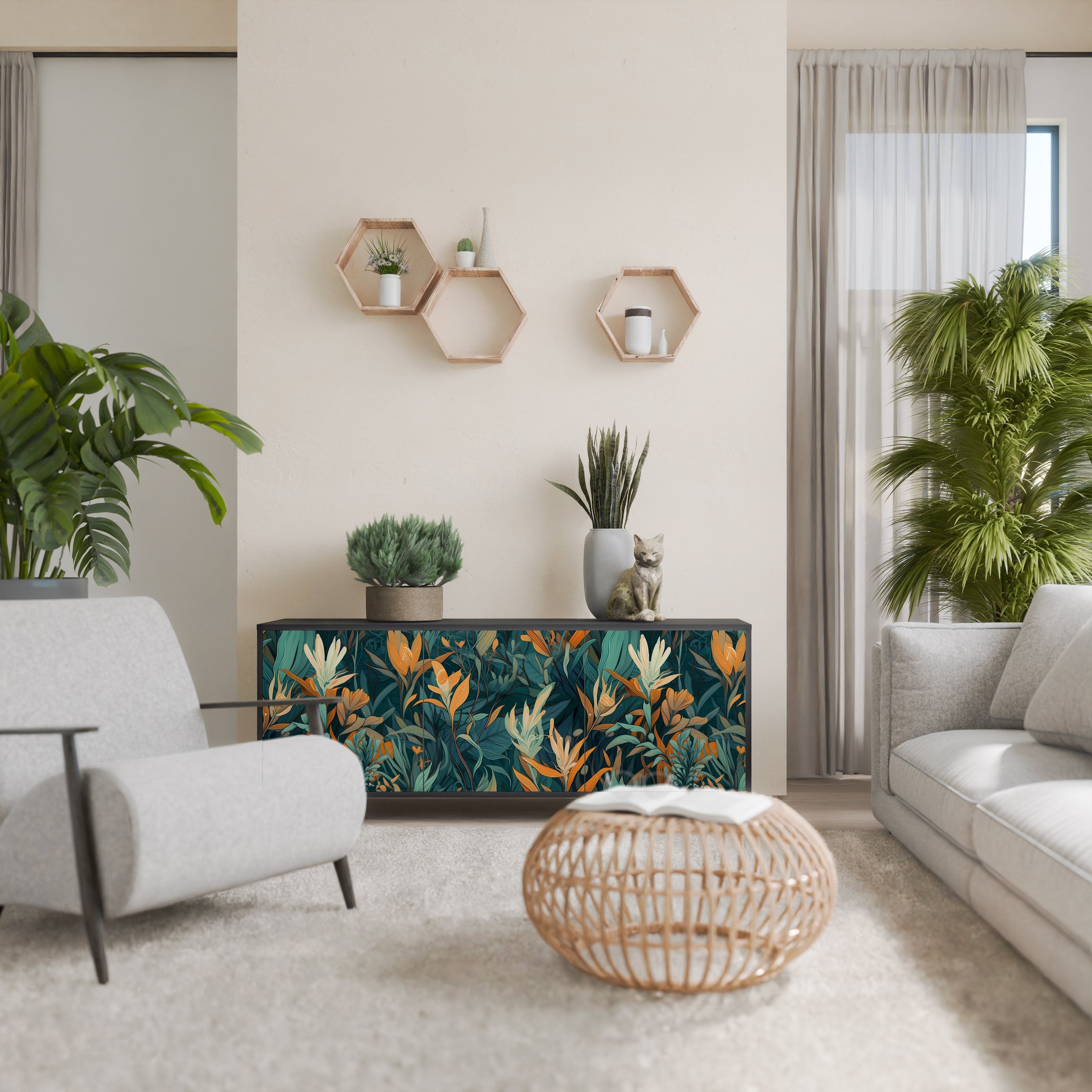 Μπουφές FLORAL SERENITY με 3 πόρτες σε μαύρο φινίρισμα
