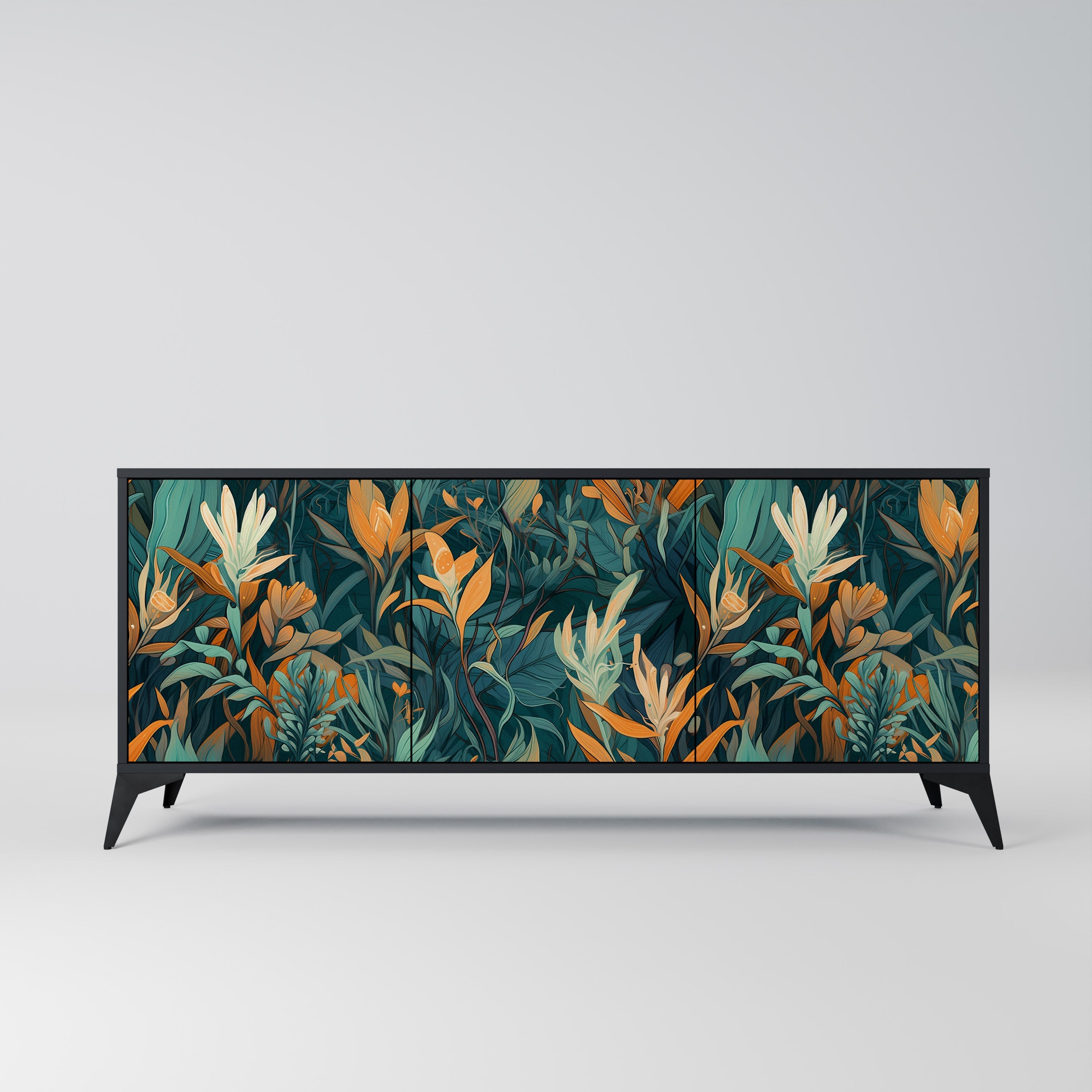 Μπουφές FLORAL SERENITY με 3 πόρτες σε μαύρο φινίρισμα