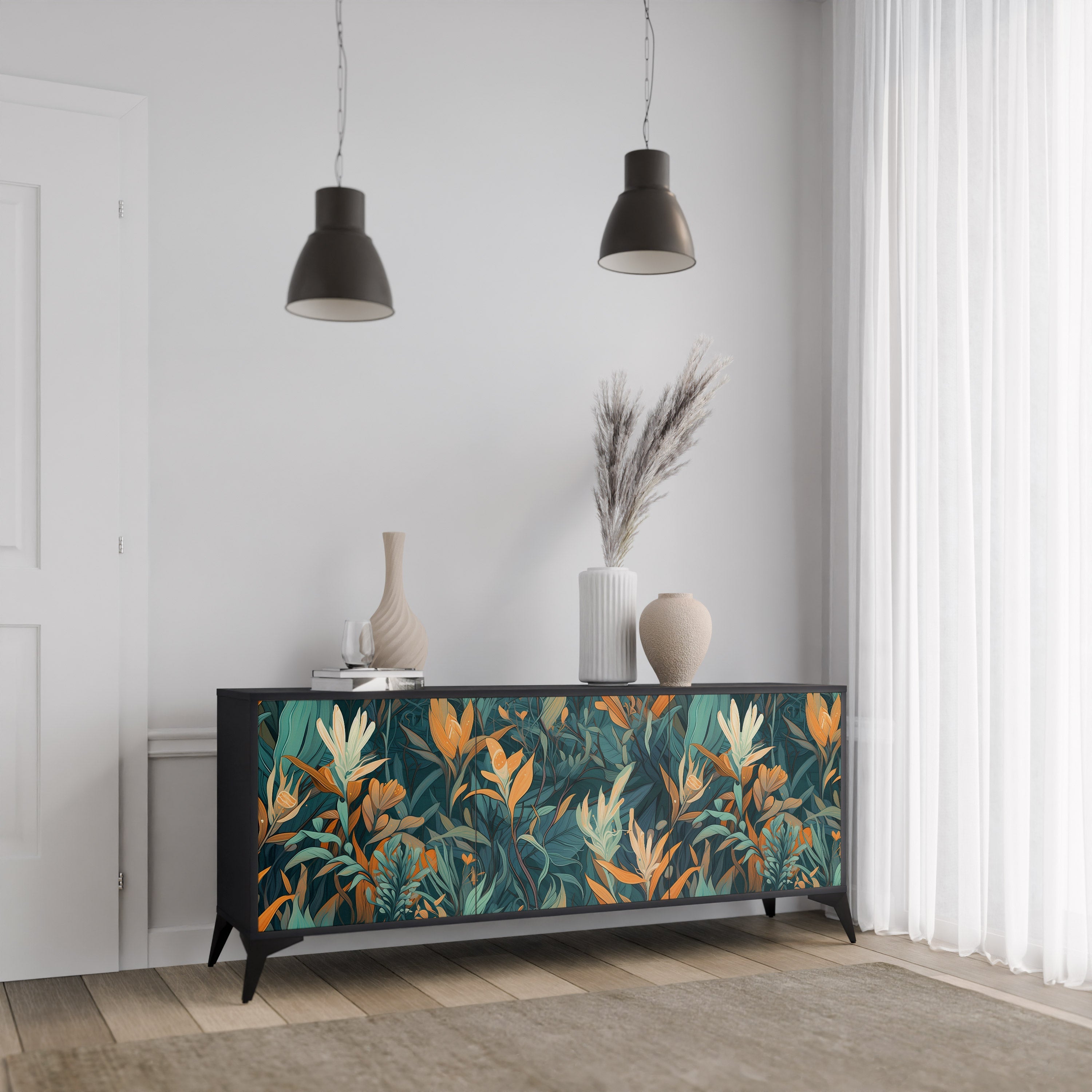 Μπουφές FLORAL SERENITY με 3 πόρτες σε μαύρο φινίρισμα