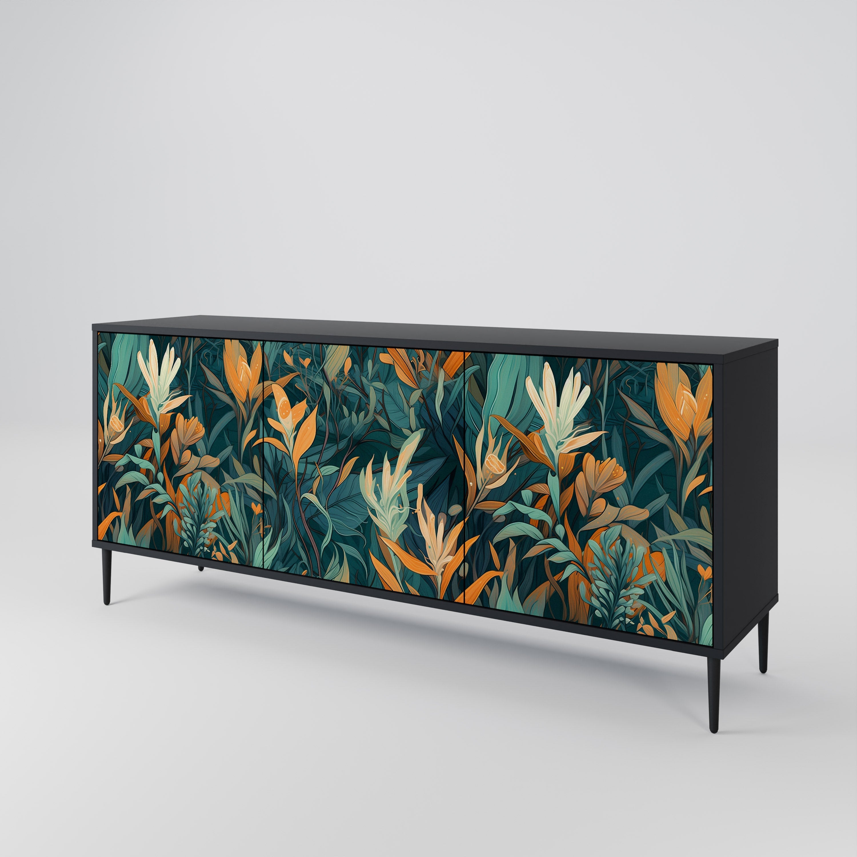 Μπουφές FLORAL SERENITY με 3 πόρτες σε μαύρο φινίρισμα