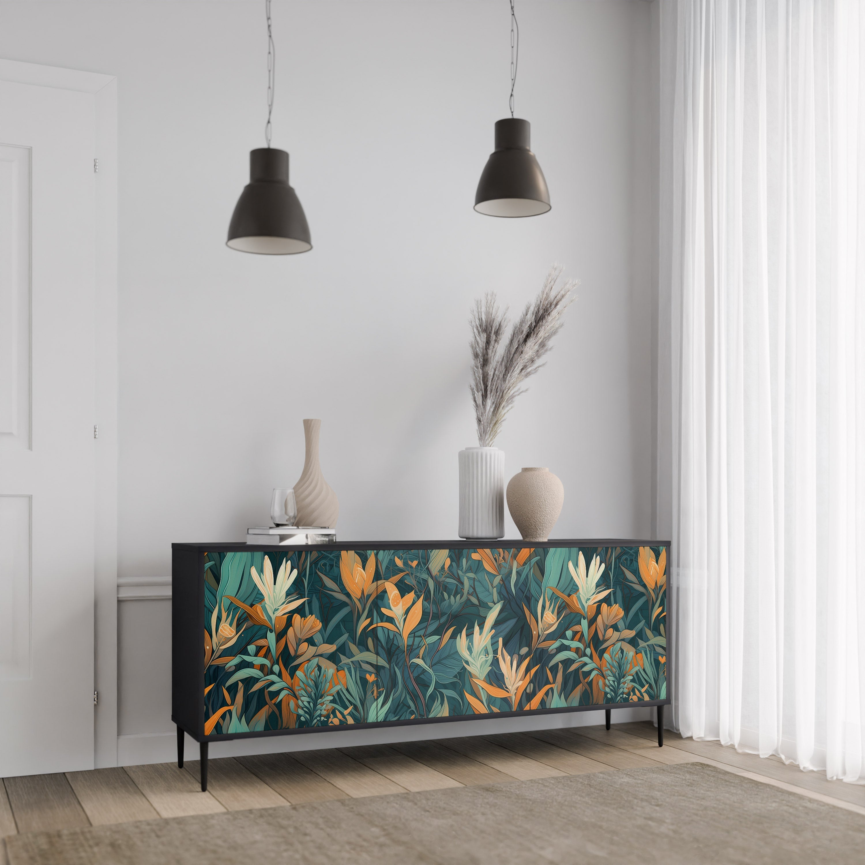 Μπουφές FLORAL SERENITY με 3 πόρτες σε μαύρο φινίρισμα