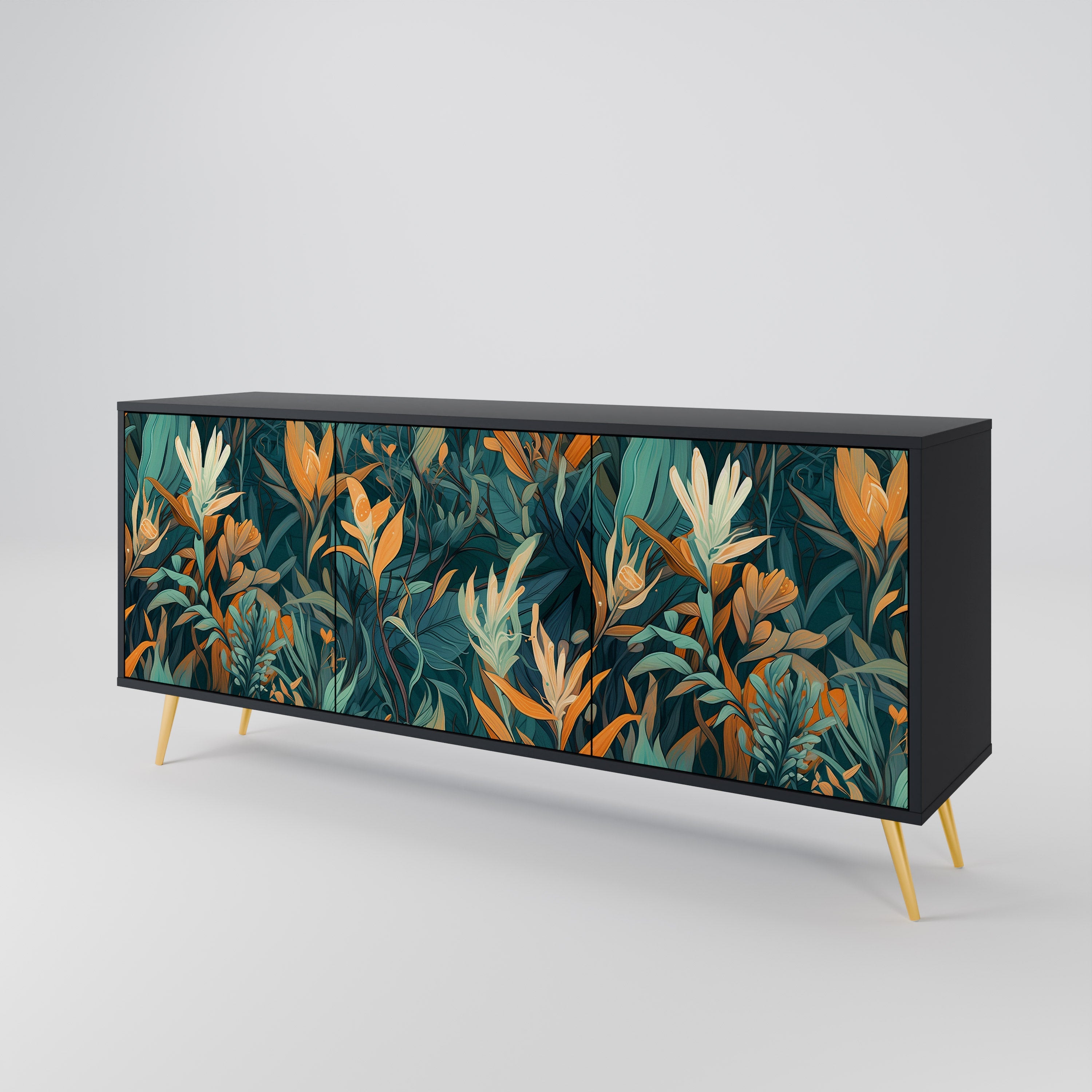 Μπουφές FLORAL SERENITY με 3 πόρτες σε μαύρο φινίρισμα