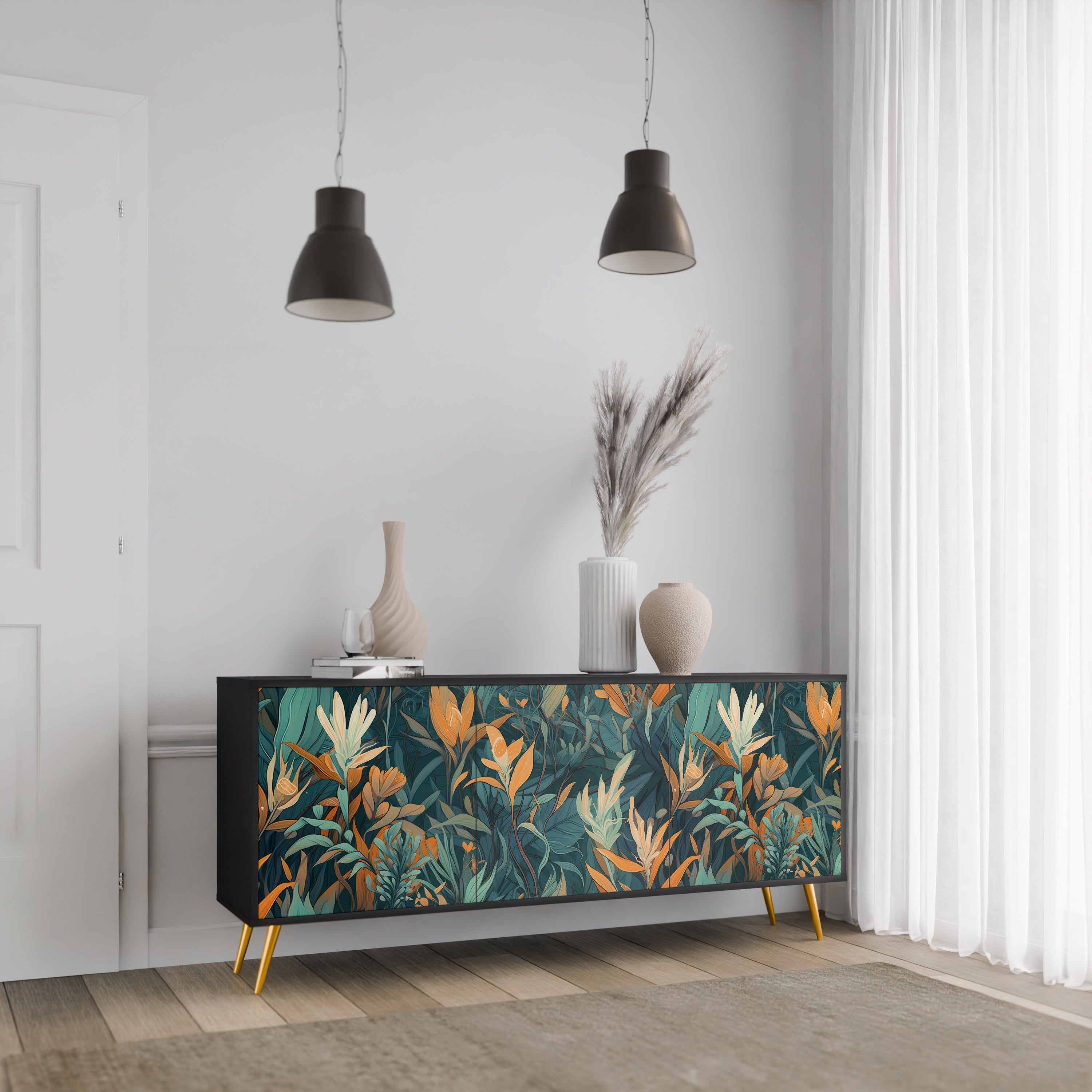 Μπουφές FLORAL SERENITY με 3 πόρτες σε μαύρο φινίρισμα