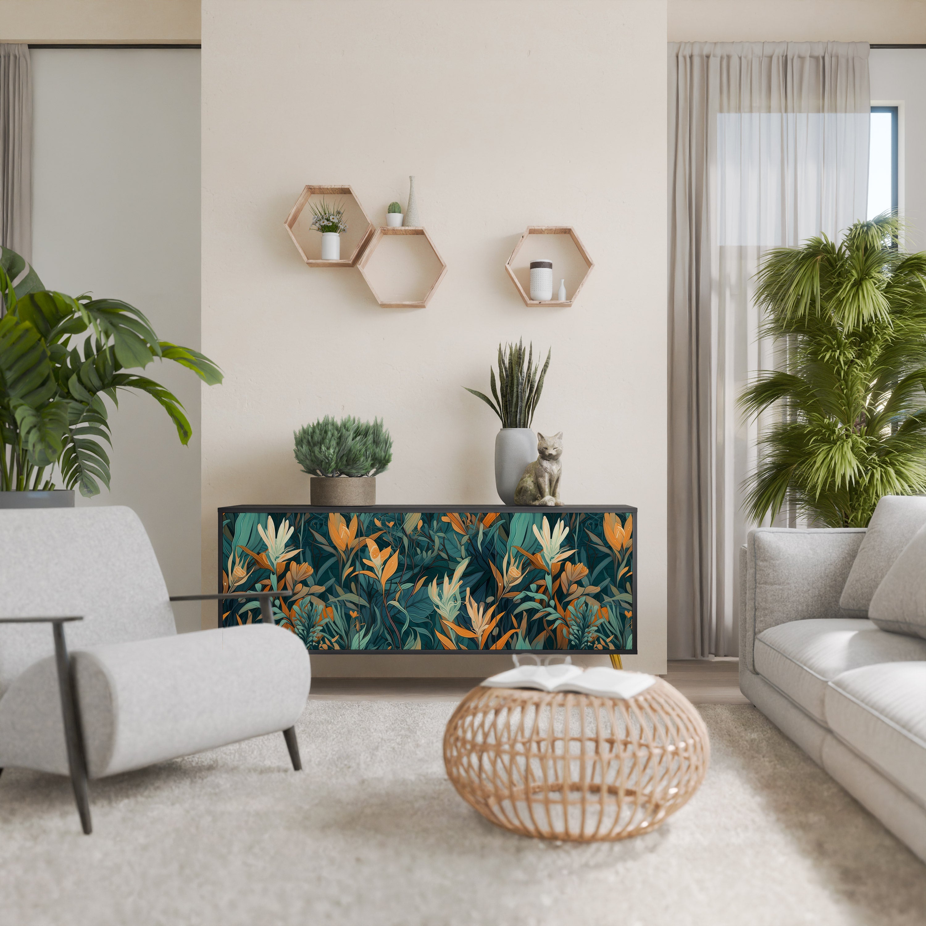Μπουφές FLORAL SERENITY με 3 πόρτες σε μαύρο φινίρισμα
