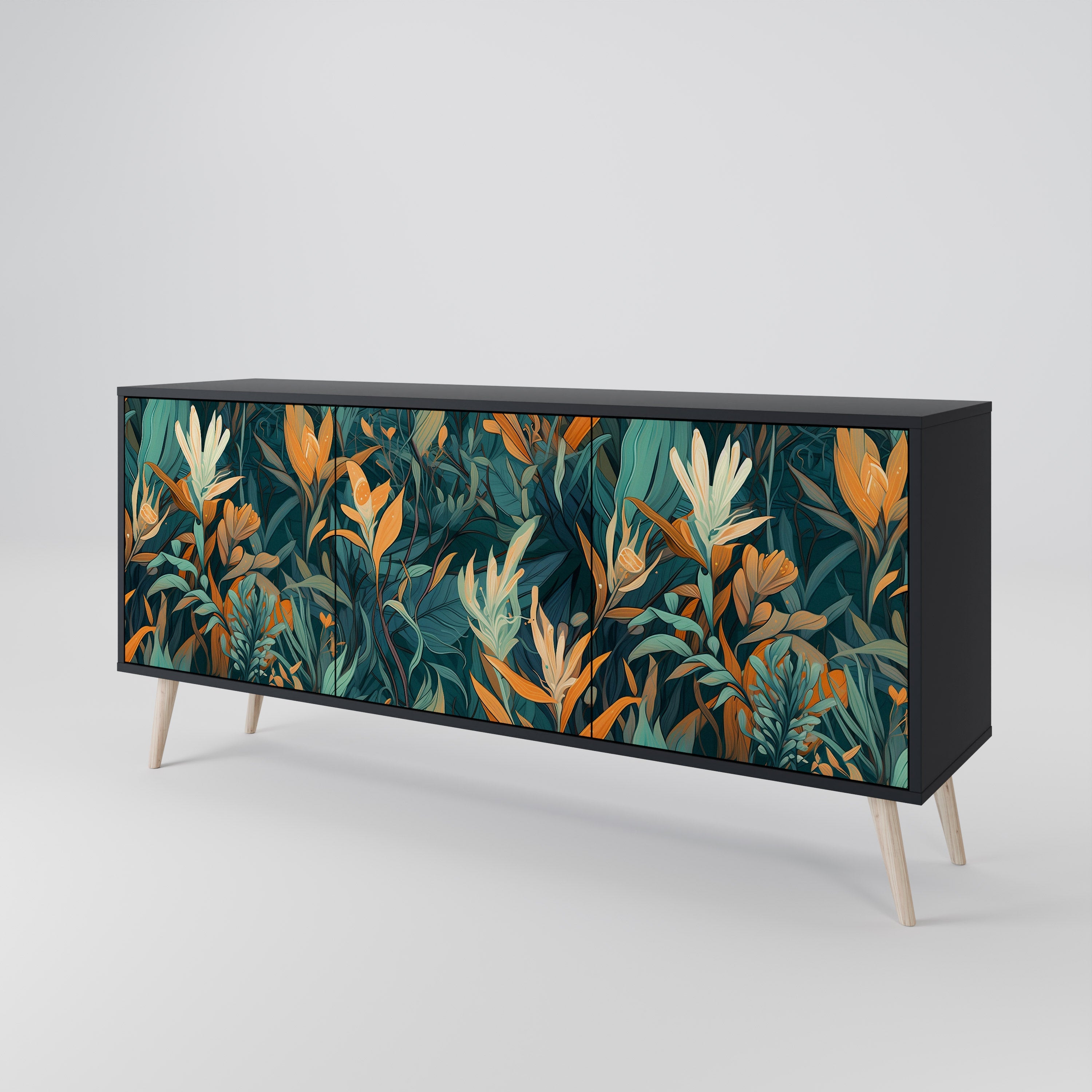Μπουφές FLORAL SERENITY με 3 πόρτες σε μαύρο φινίρισμα