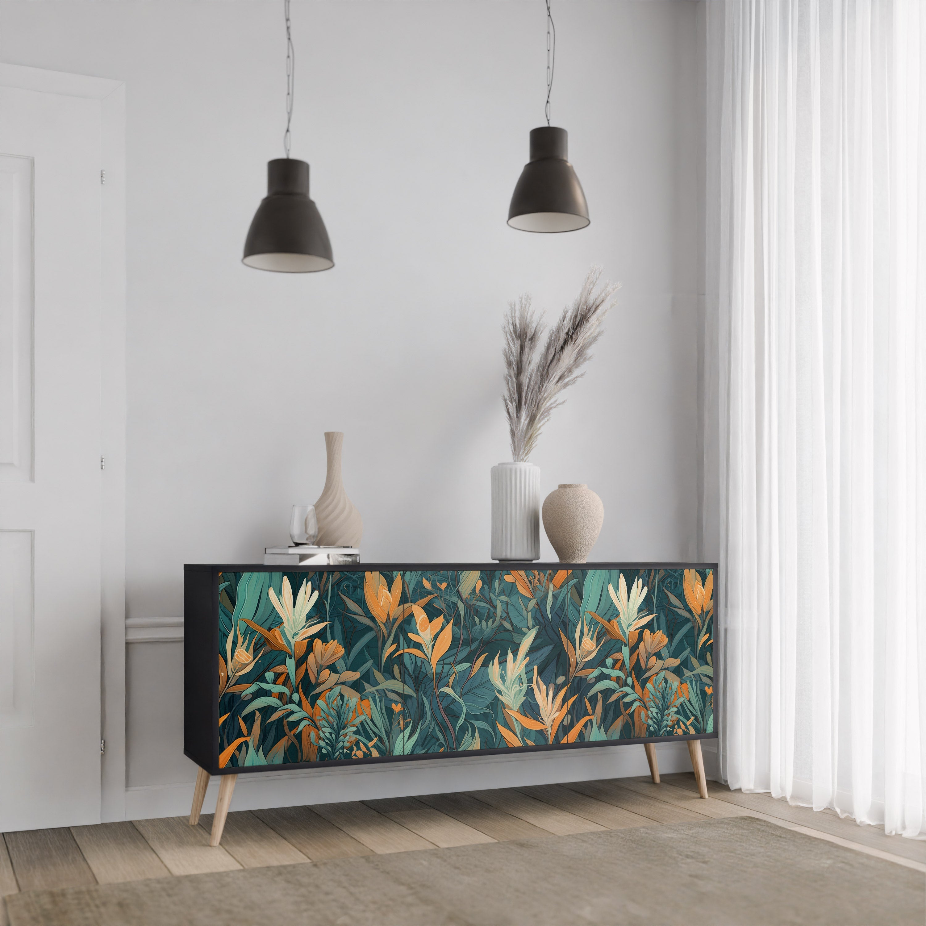 Μπουφές FLORAL SERENITY με 3 πόρτες σε μαύρο φινίρισμα