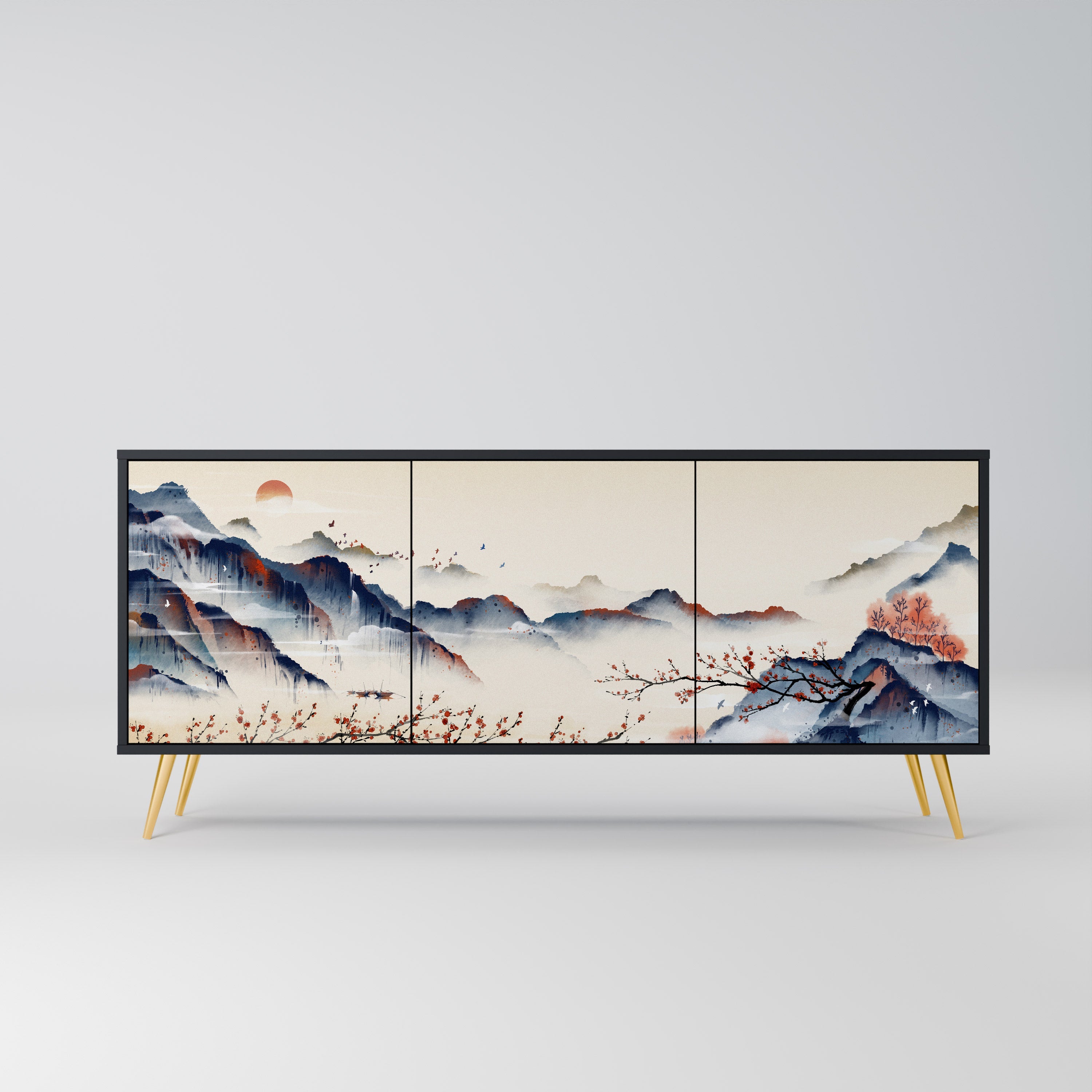Μπουφές JAPANESE LANDSCAPE με 3 πόρτες σε μαύρο φινίρισμα