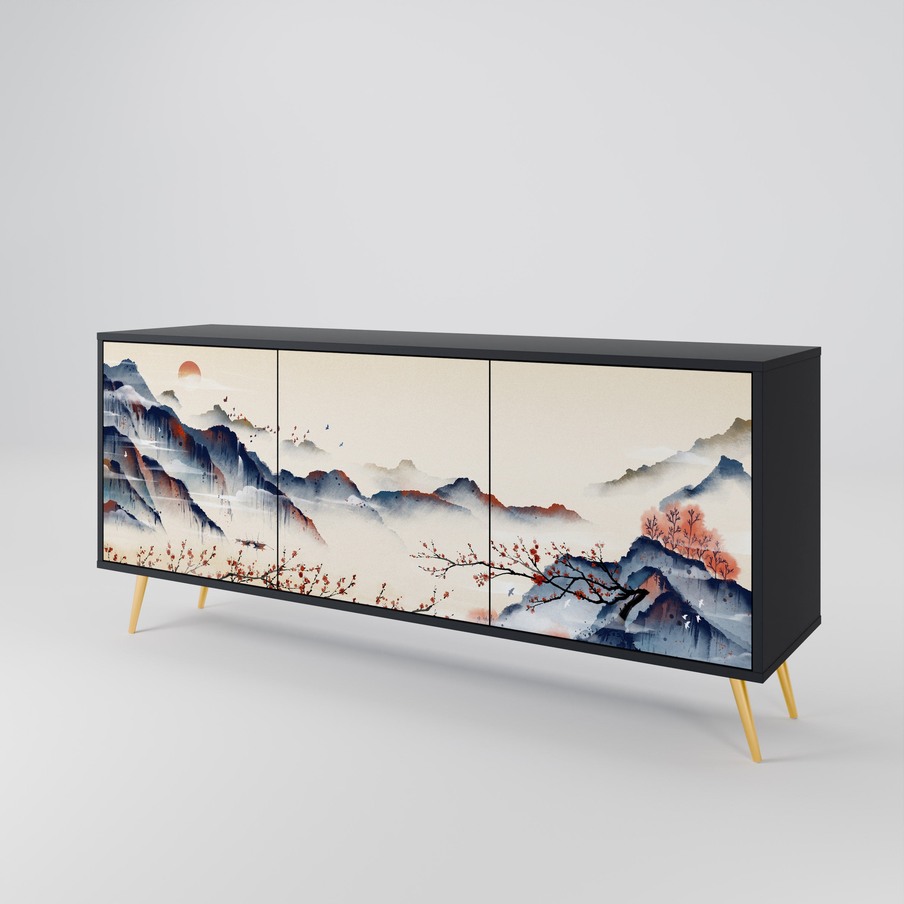 Μπουφές JAPANESE LANDSCAPE με 3 πόρτες σε μαύρο φινίρισμα