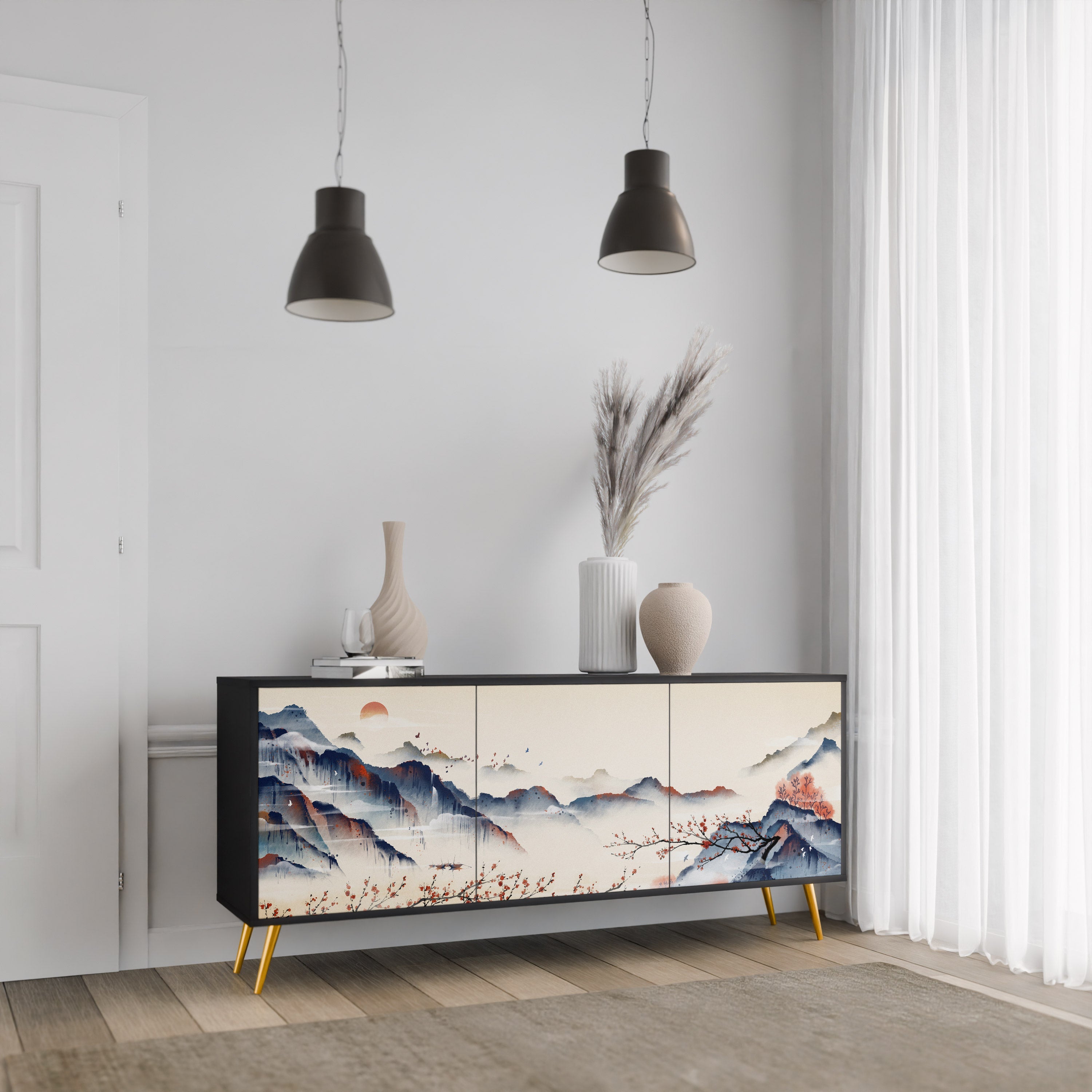 Μπουφές JAPANESE LANDSCAPE με 3 πόρτες σε μαύρο φινίρισμα