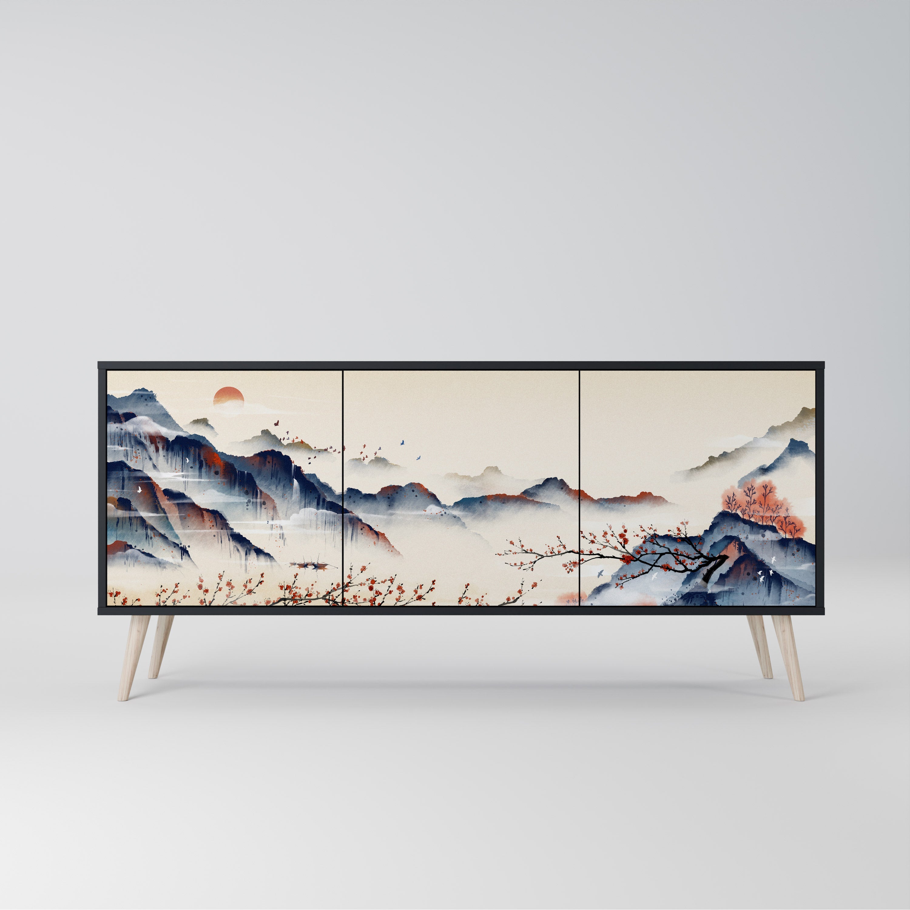Μπουφές JAPANESE LANDSCAPE με 3 πόρτες σε μαύρο φινίρισμα