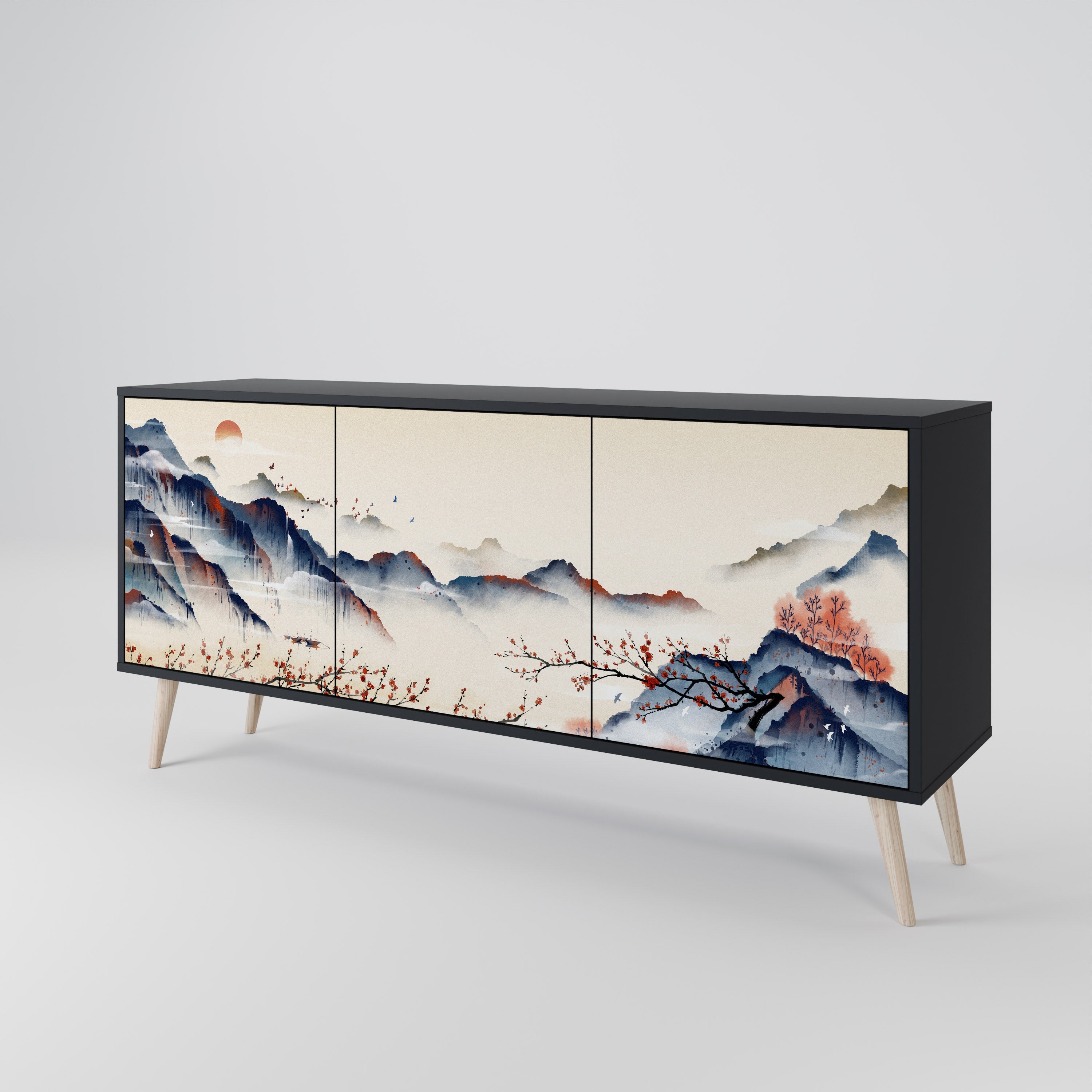 Μπουφές JAPANESE LANDSCAPE με 3 πόρτες σε μαύρο φινίρισμα