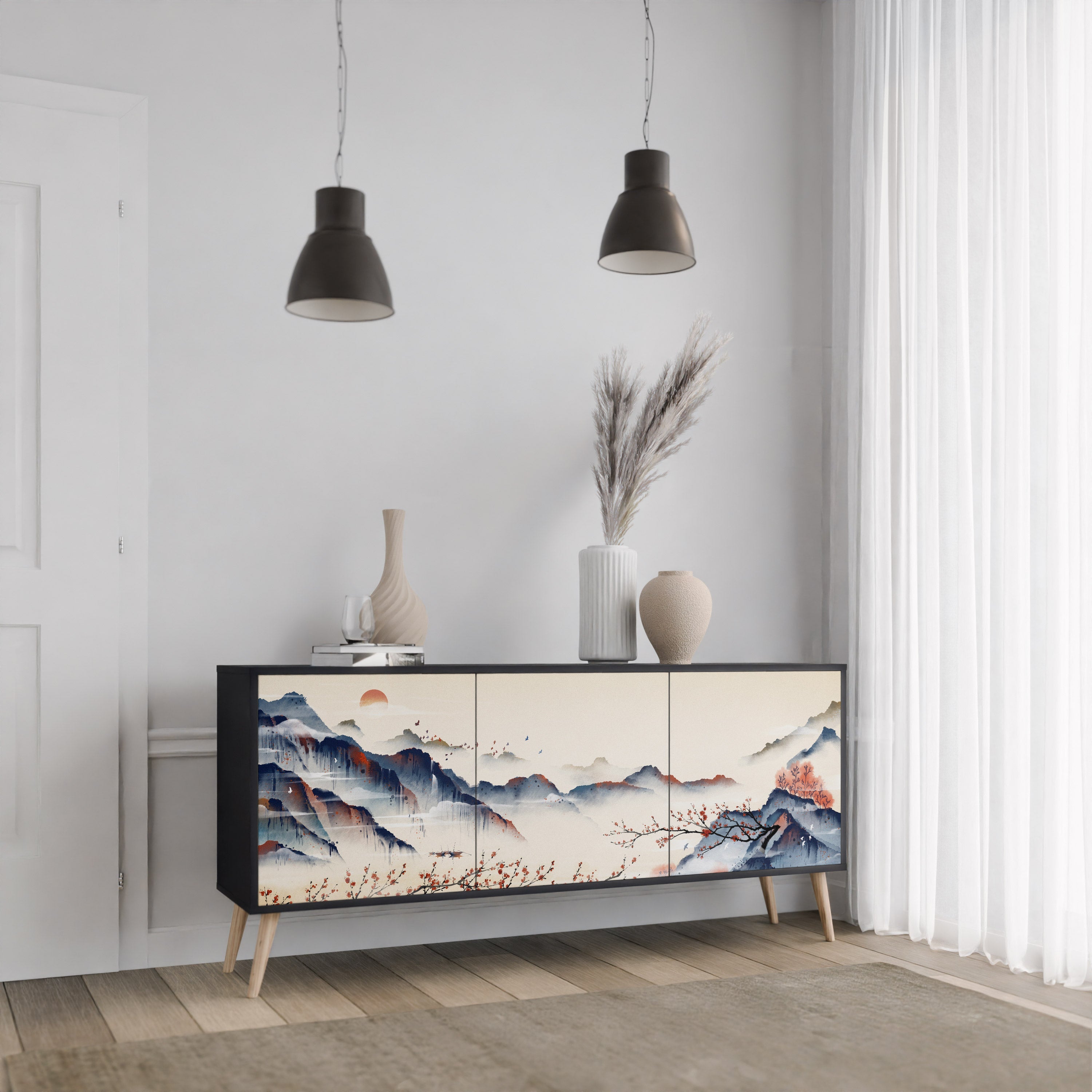 Μπουφές JAPANESE LANDSCAPE με 3 πόρτες σε μαύρο φινίρισμα