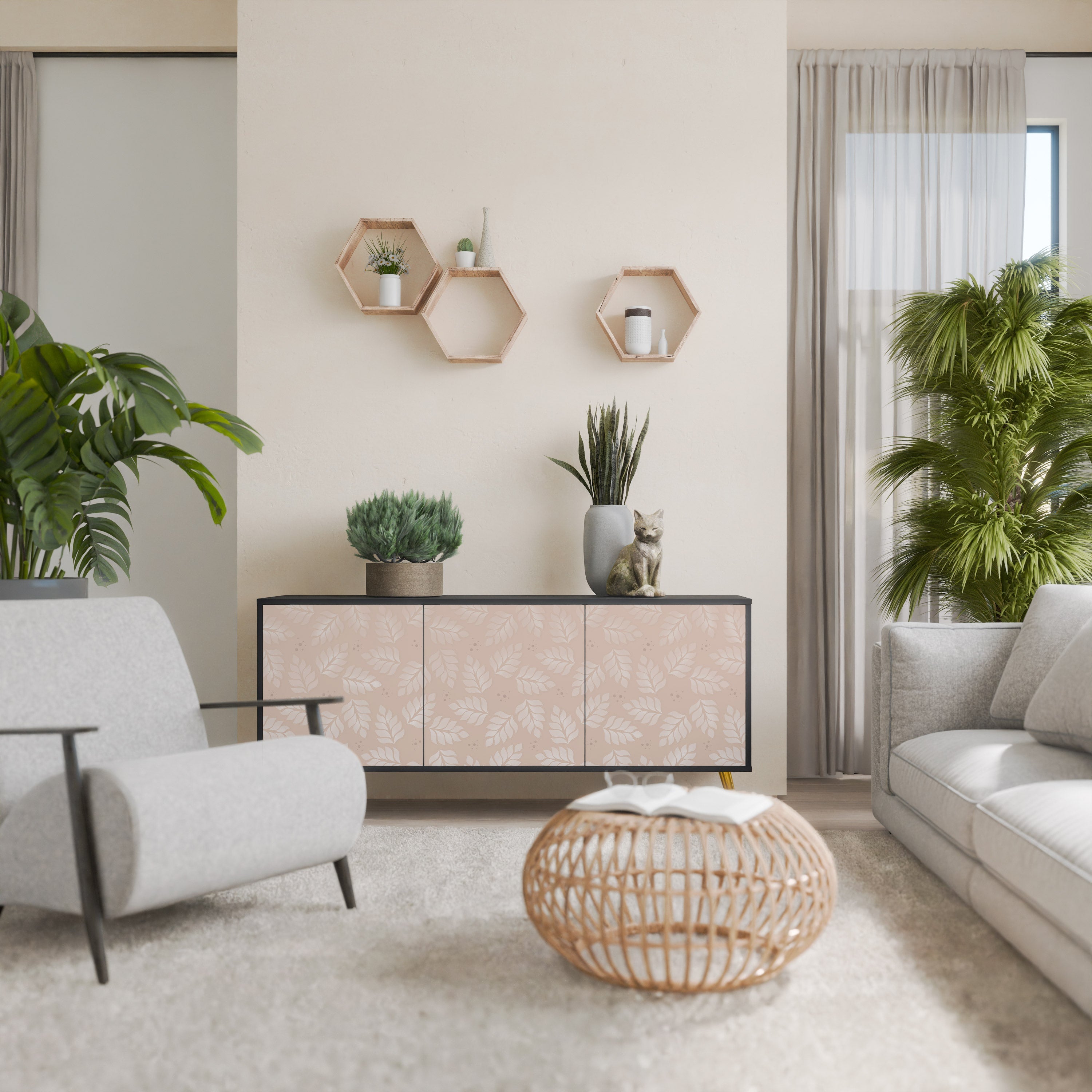 Μπουφές 3 θυρών LEAVES ON BEIGE σε μαύρο φινίρισμα