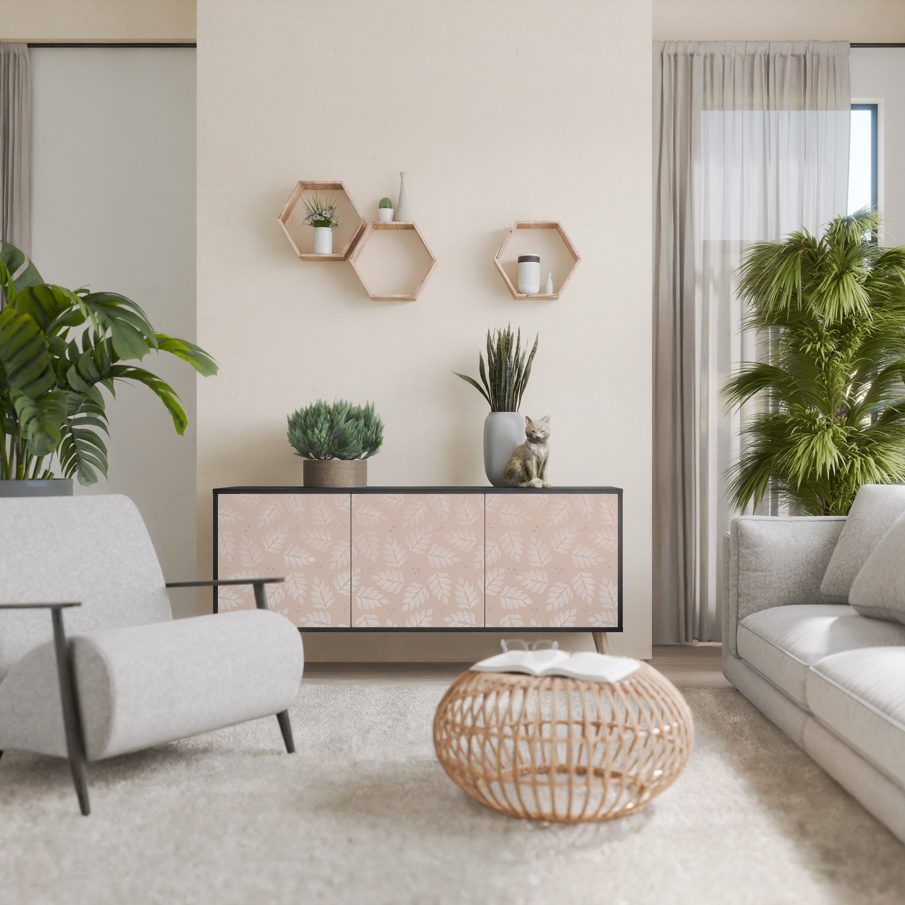 Μπουφές 3 θυρών LEAVES ON BEIGE σε μαύρο φινίρισμα