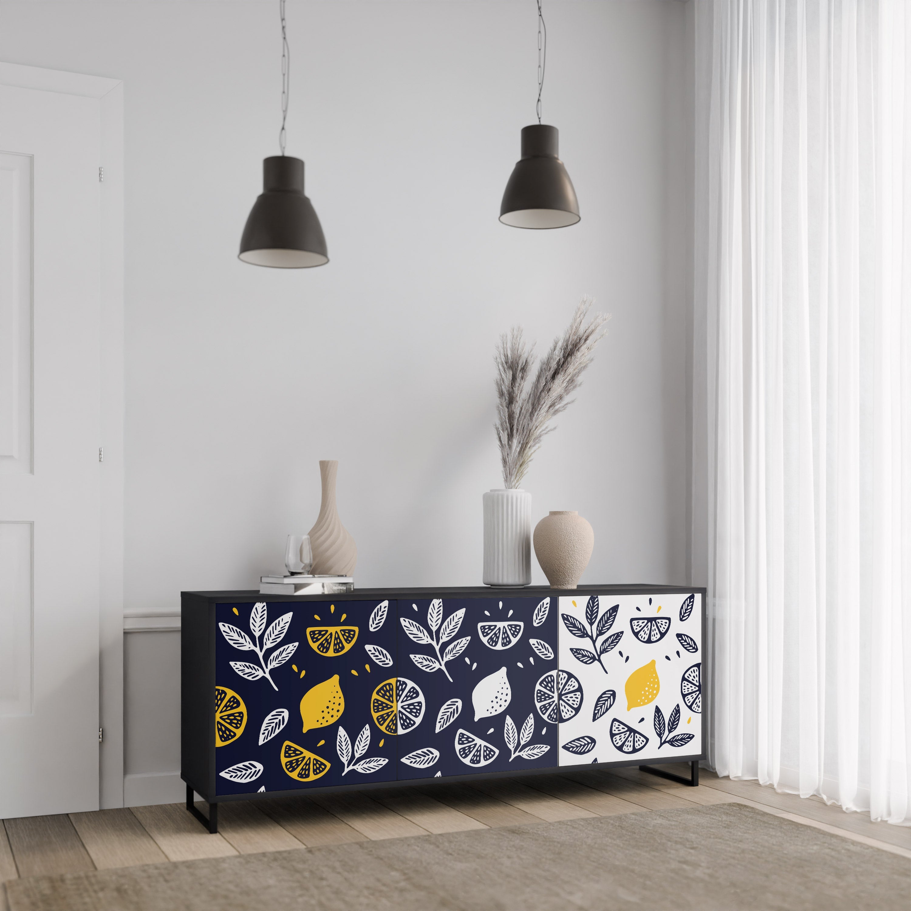 CITRUS BLACK AND WHITE Τρίθυρο Μπουφές σε Μαύρο Φινίρισμα