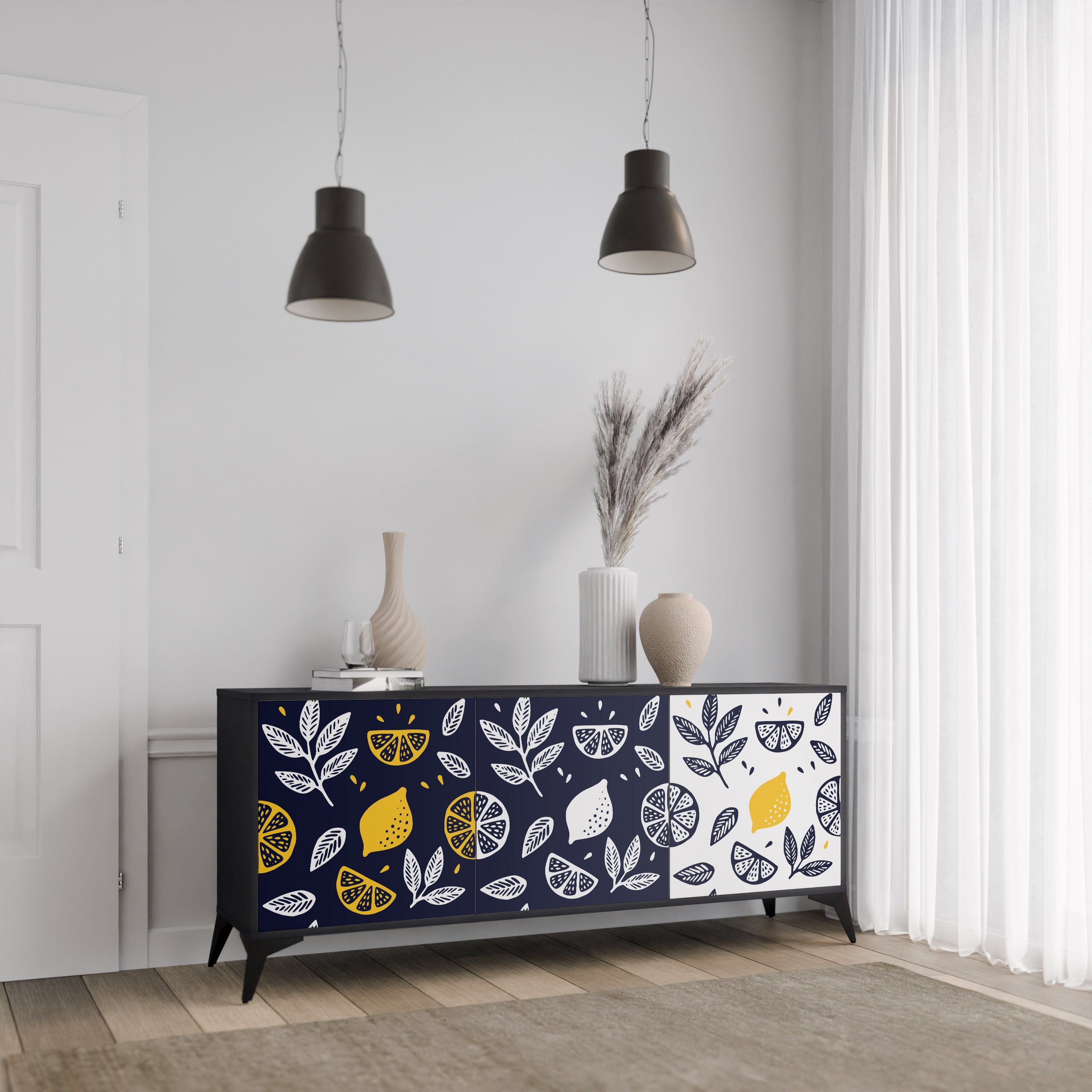 CITRUS BLACK AND WHITE Τρίθυρο Μπουφές σε Μαύρο Φινίρισμα