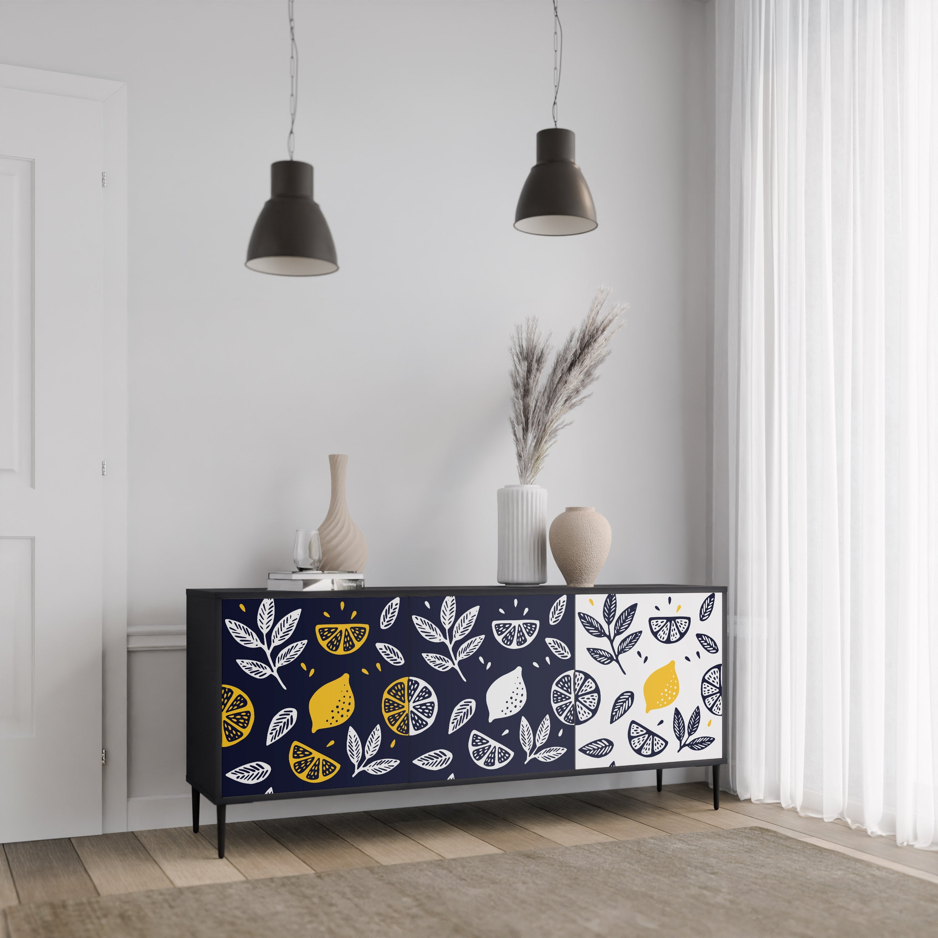 CITRUS BLACK AND WHITE Τρίθυρο Μπουφές σε Μαύρο Φινίρισμα
