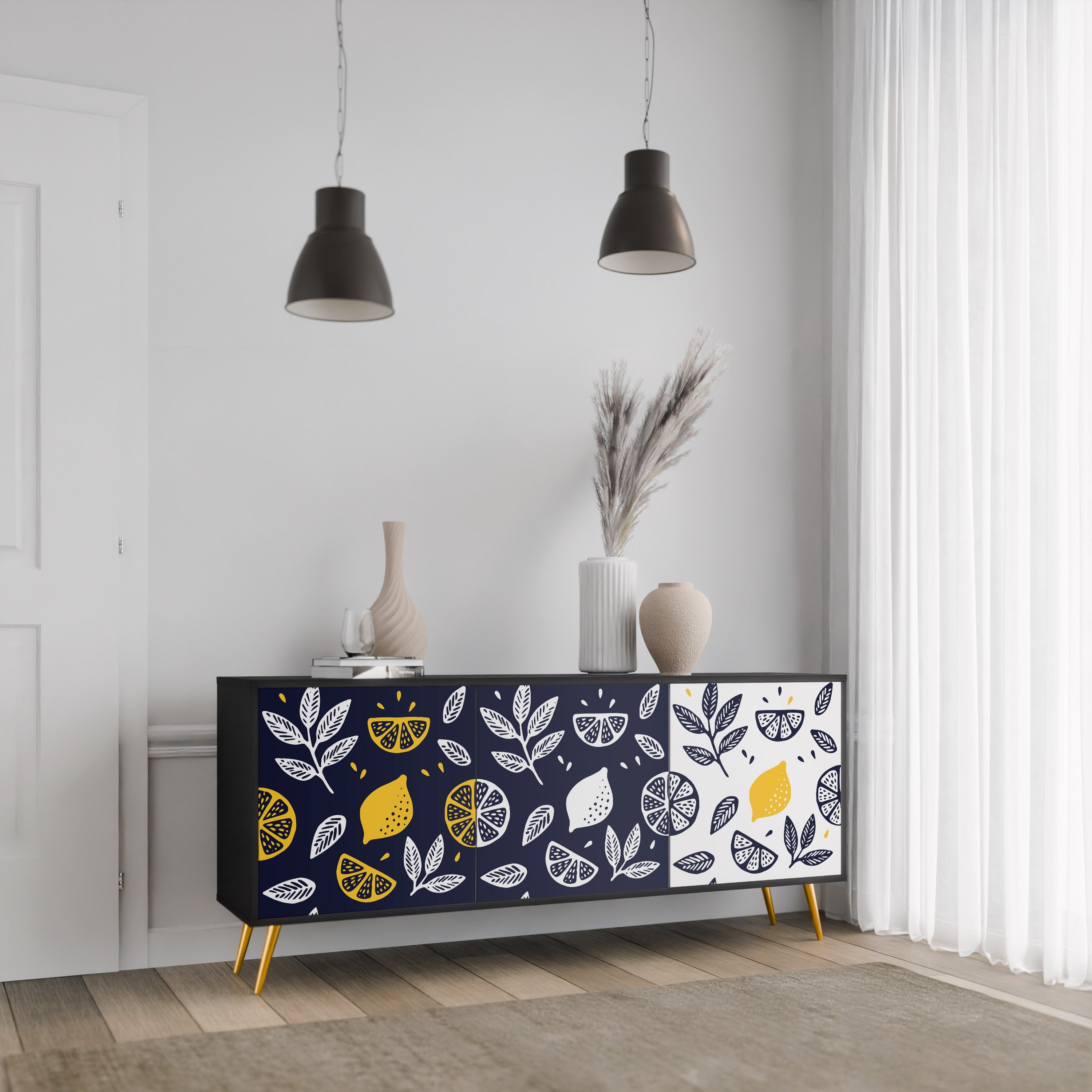 CITRUS BLACK AND WHITE Τρίθυρο Μπουφές σε Μαύρο Φινίρισμα