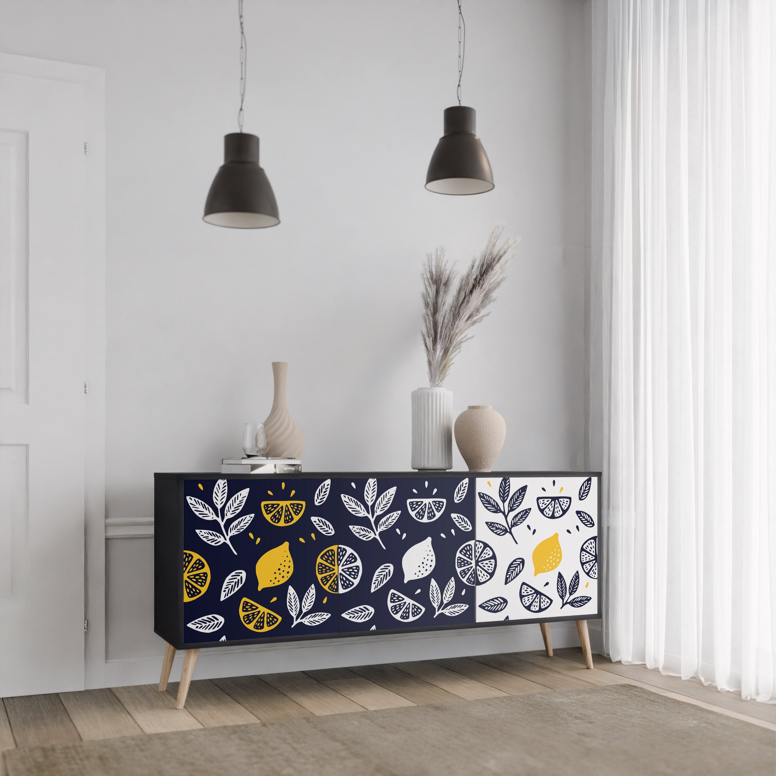 CITRUS BLACK AND WHITE Τρίθυρο Μπουφές σε Μαύρο Φινίρισμα