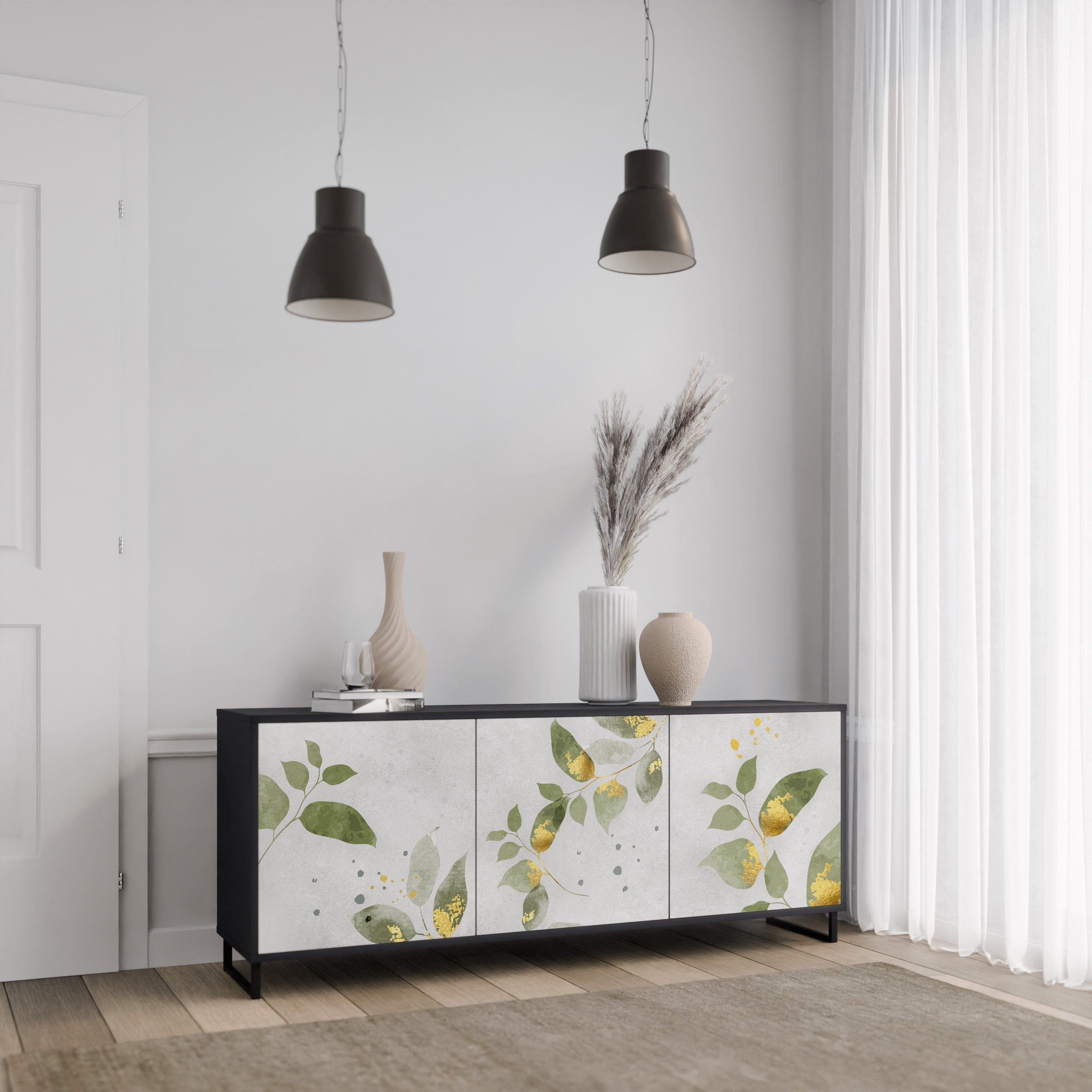 ELEGANT BOTANICS Τρίθυρο Μπουφές σε Μαύρο Φινίρισμα