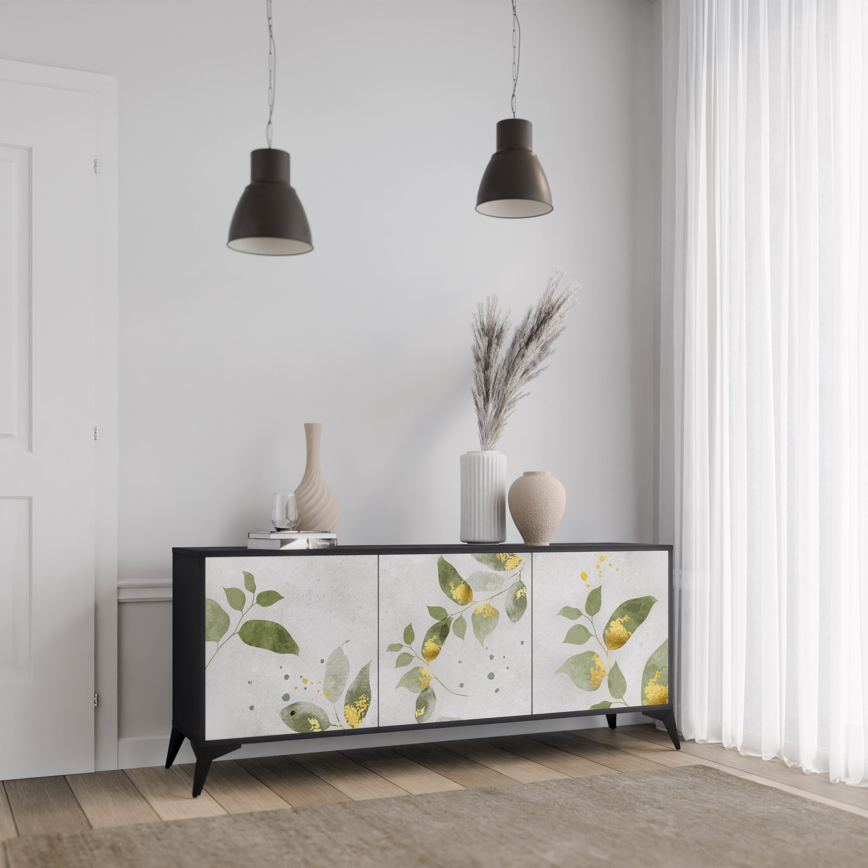 ELEGANT BOTANICS Τρίθυρο Μπουφές σε Μαύρο Φινίρισμα