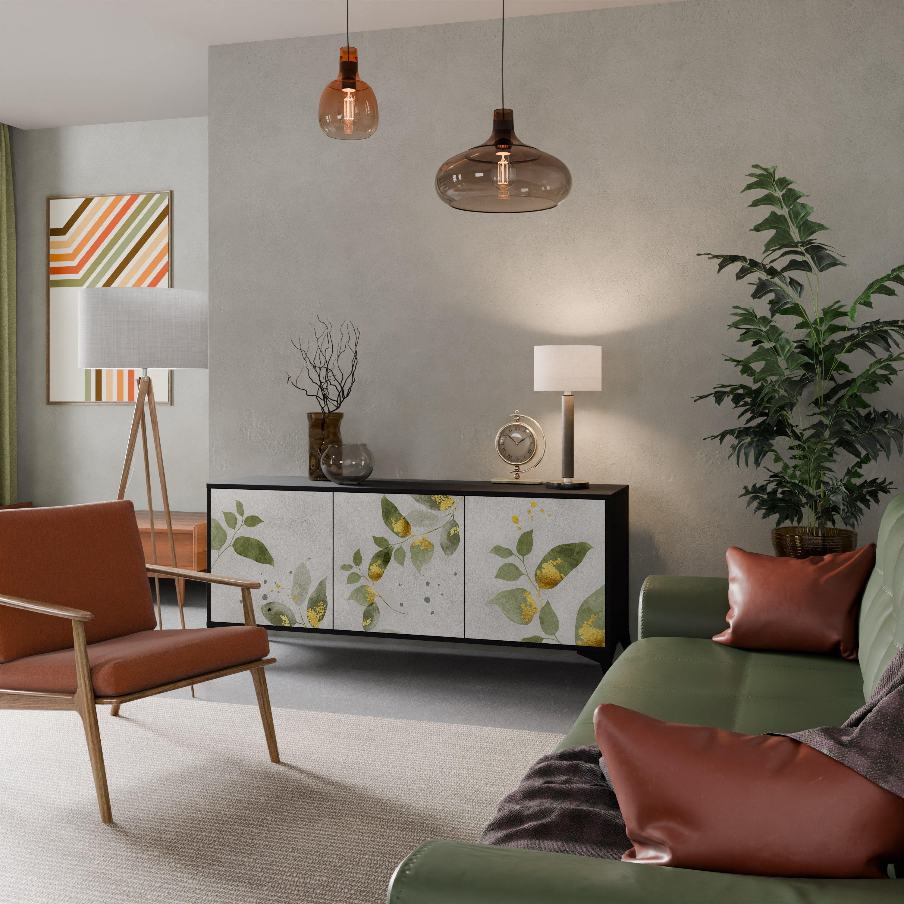 ELEGANT BOTANICS Τρίθυρο Μπουφές σε Μαύρο Φινίρισμα