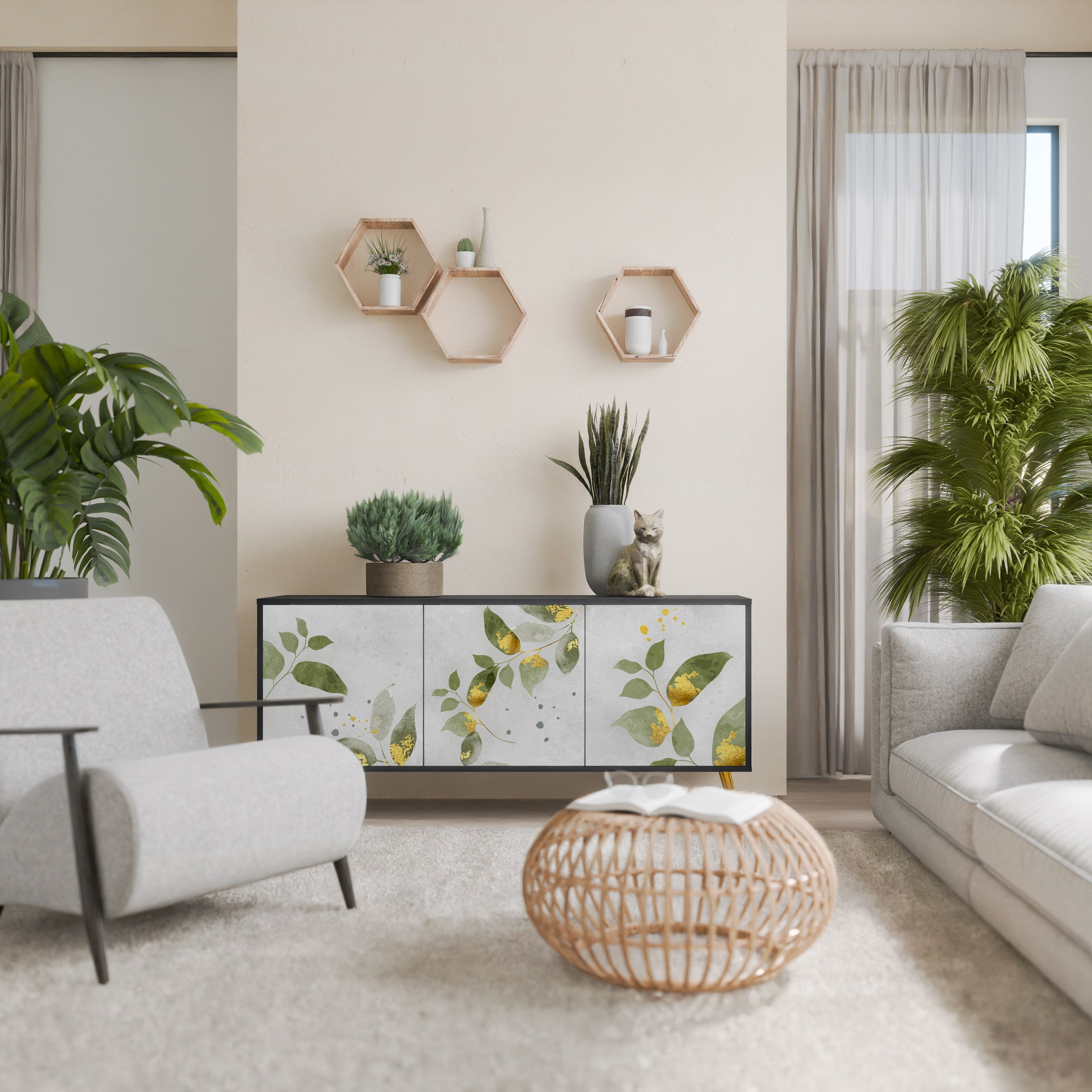 ELEGANT BOTANICS Τρίθυρο Μπουφές σε Μαύρο Φινίρισμα