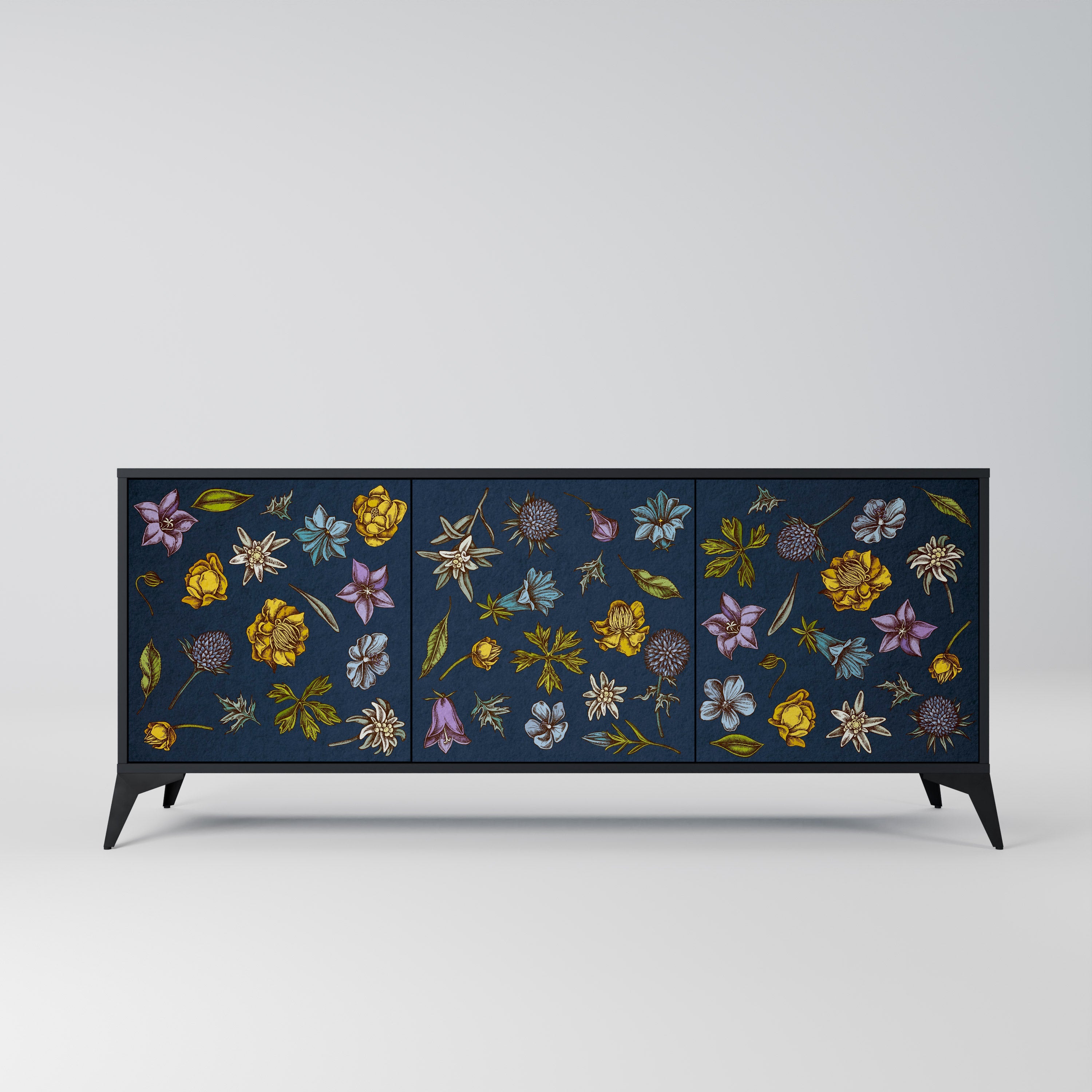 FLOWERS ON NAVY BLUE 3-Door Sideboard in Black Finish