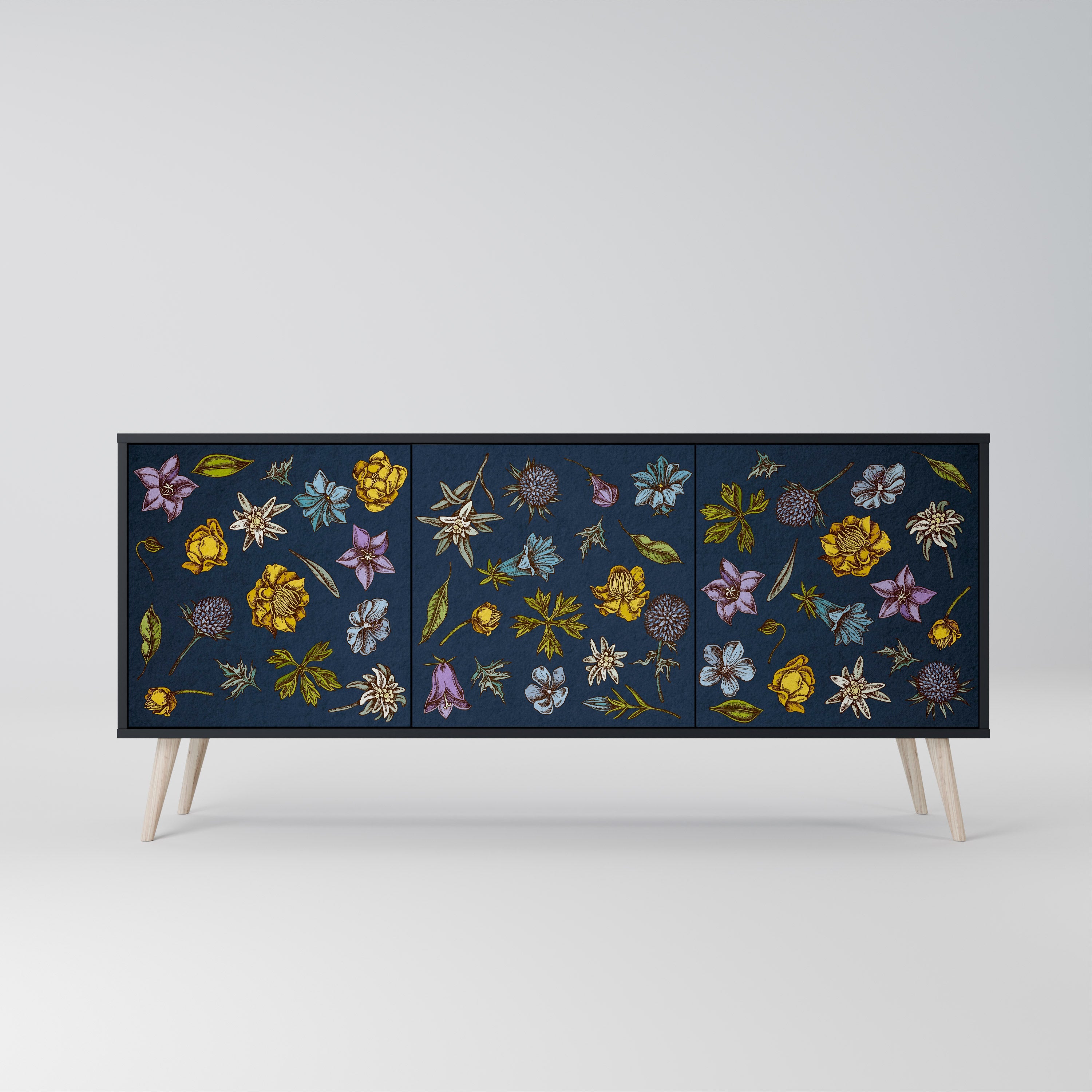 FLOWERS ON NAVY BLUE 3-Door Sideboard in Black Finish
