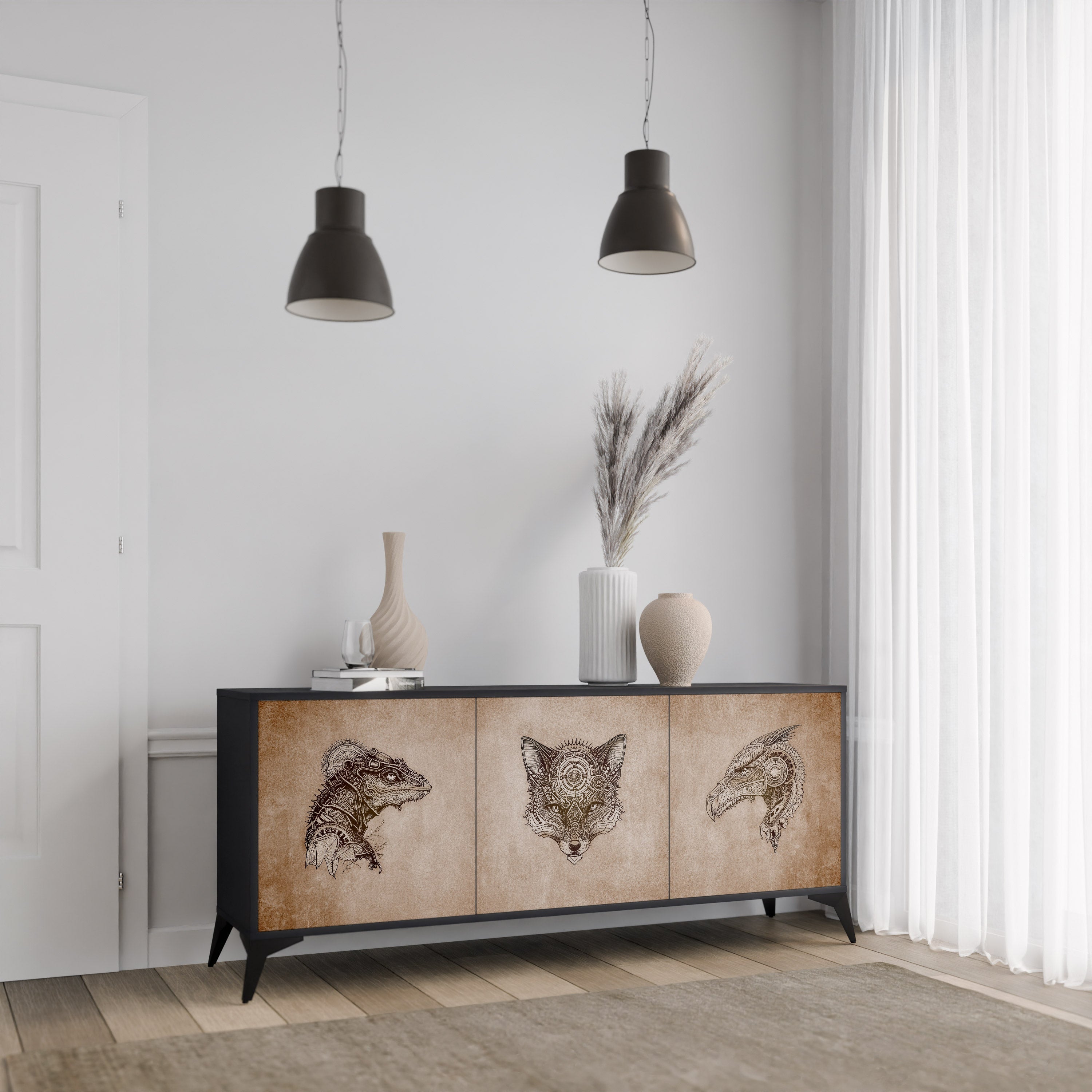STEAMPUNK CLAN 3-Door Sideboard in Black Finish