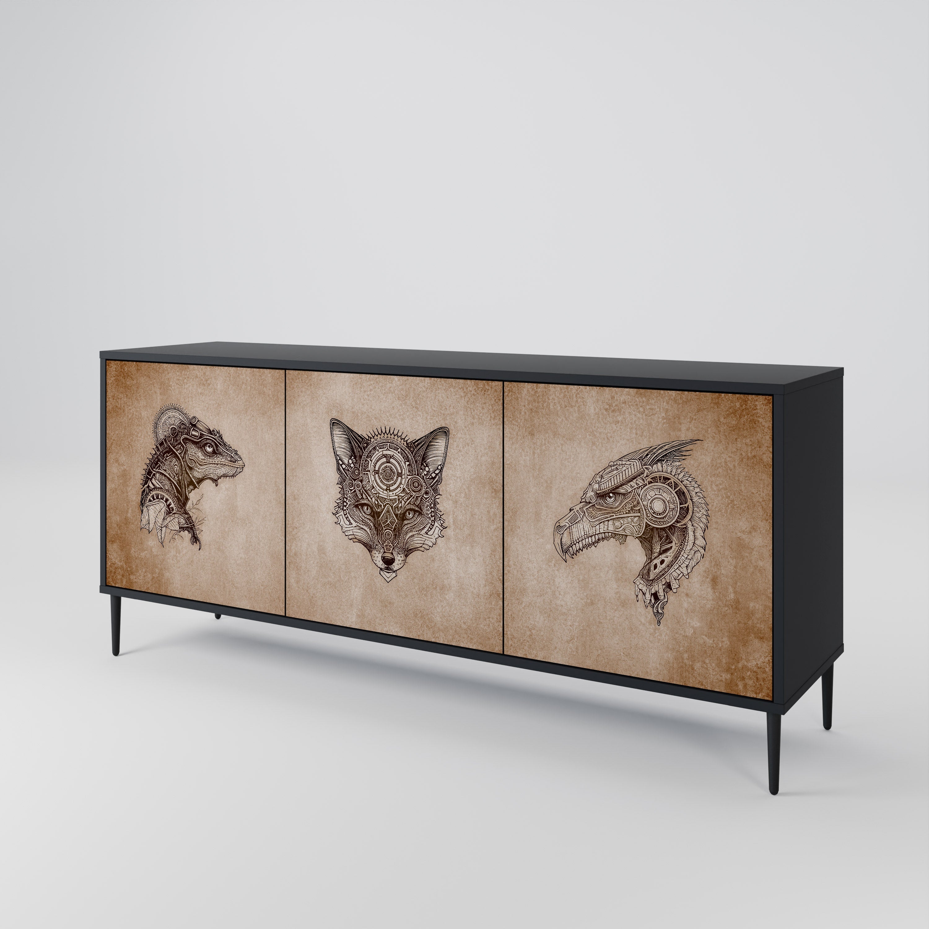 STEAMPUNK CLAN 3-Door Sideboard in Black Finish