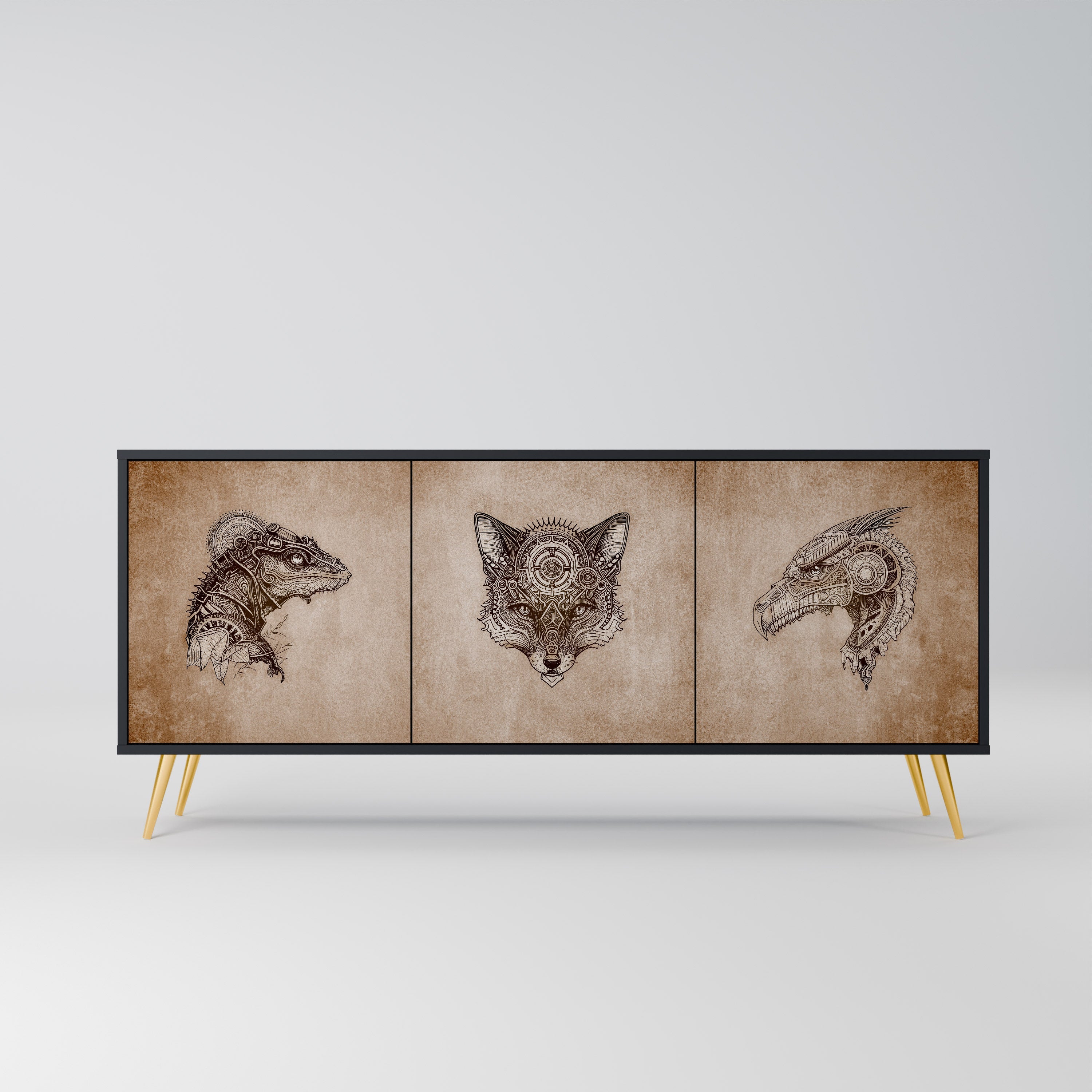 STEAMPUNK CLAN 3-Door Sideboard in Black Finish