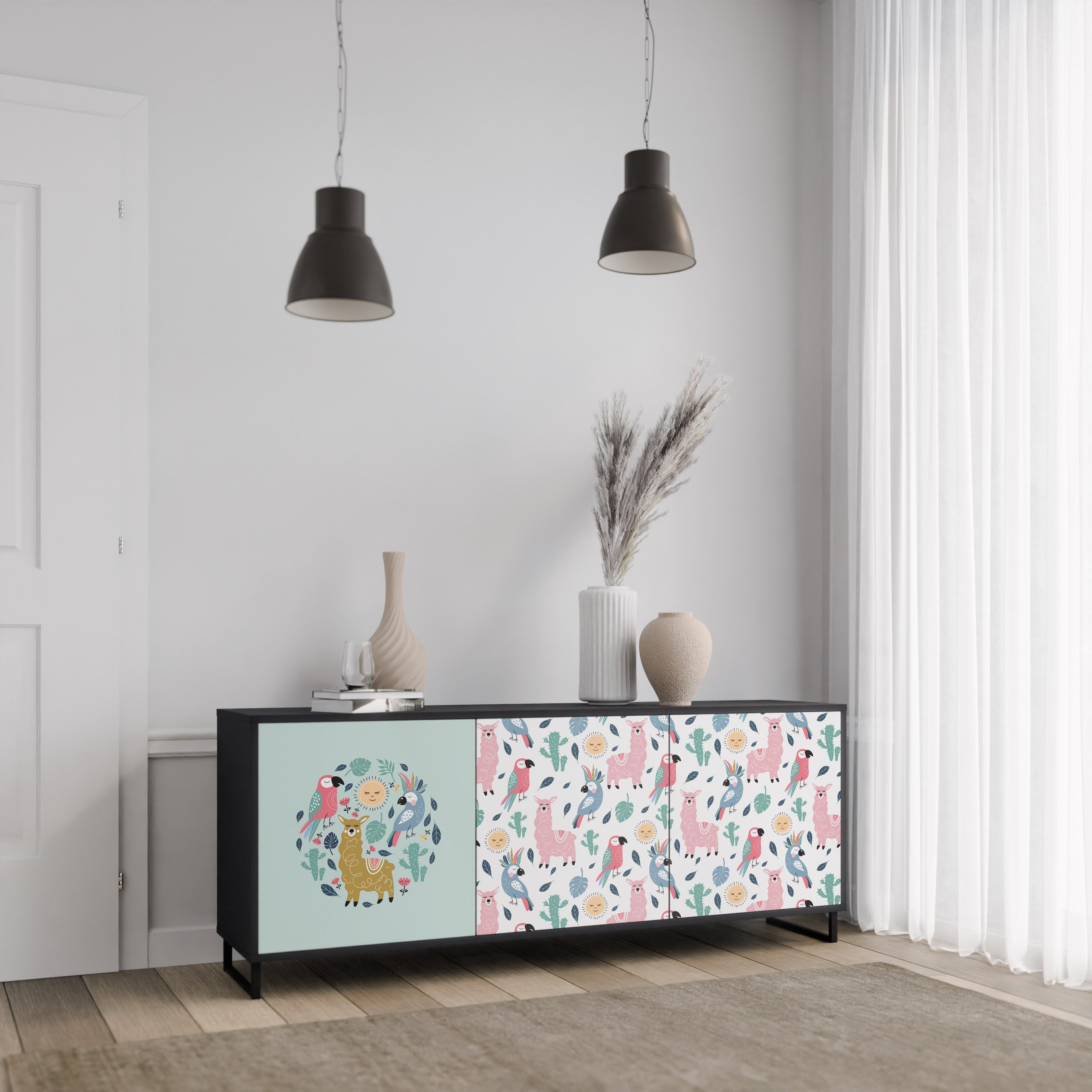 COLORFUL ALPACAS 3-Door Sideboard in Black Finish