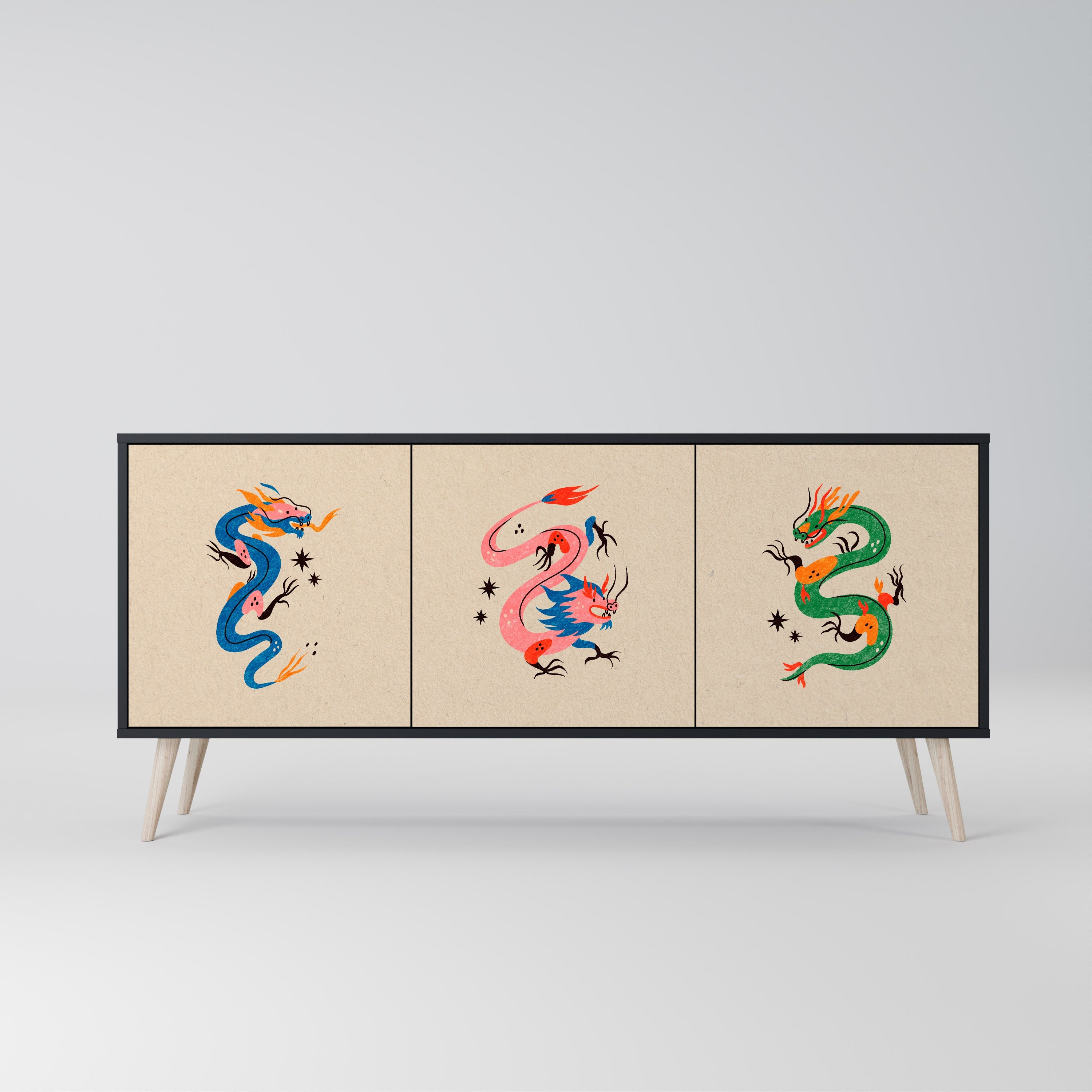 MYTHOLOGICAL CREATURES 3-Door Sideboard in Black Finish