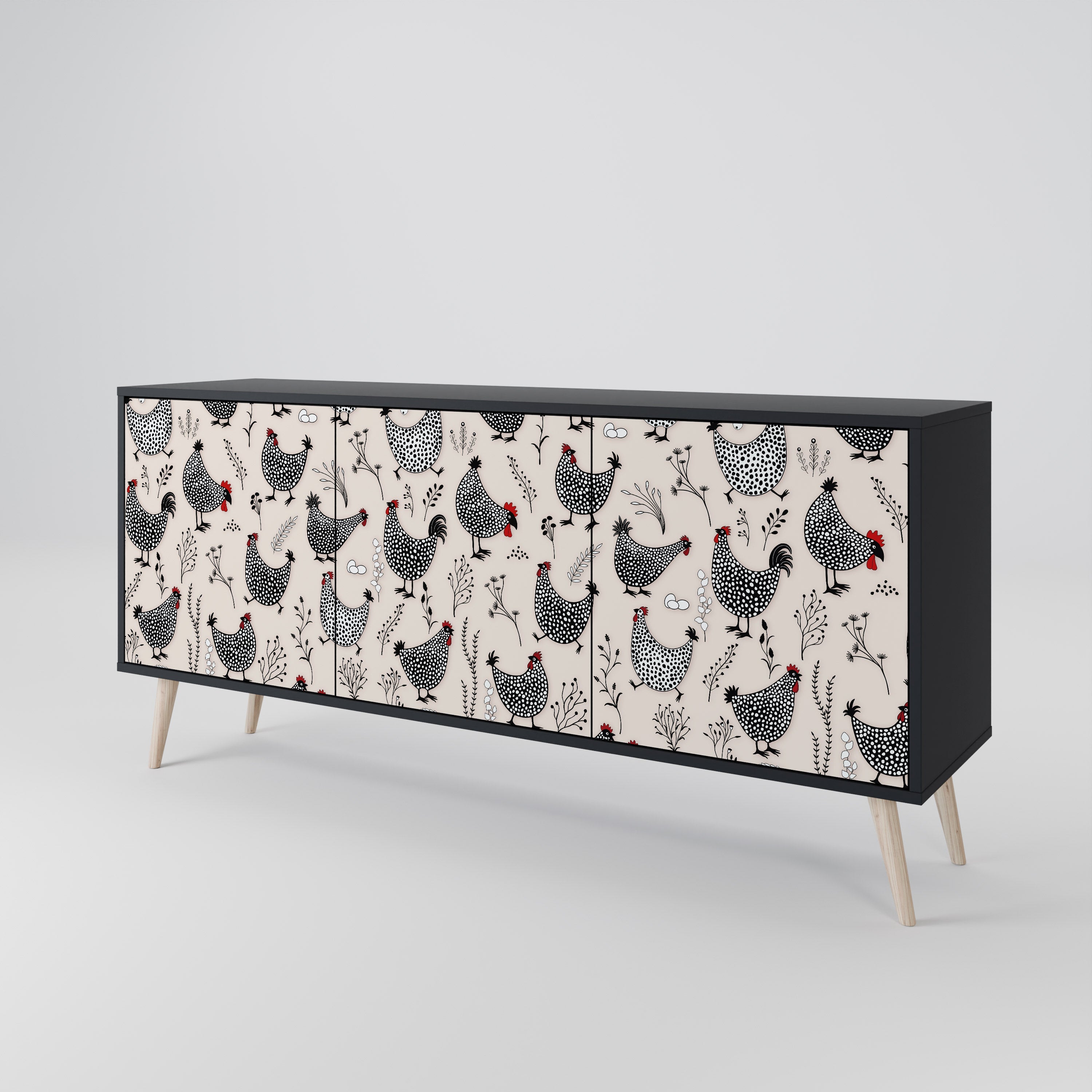 HAPPY HENS 3-Door Sideboard in Black Finish