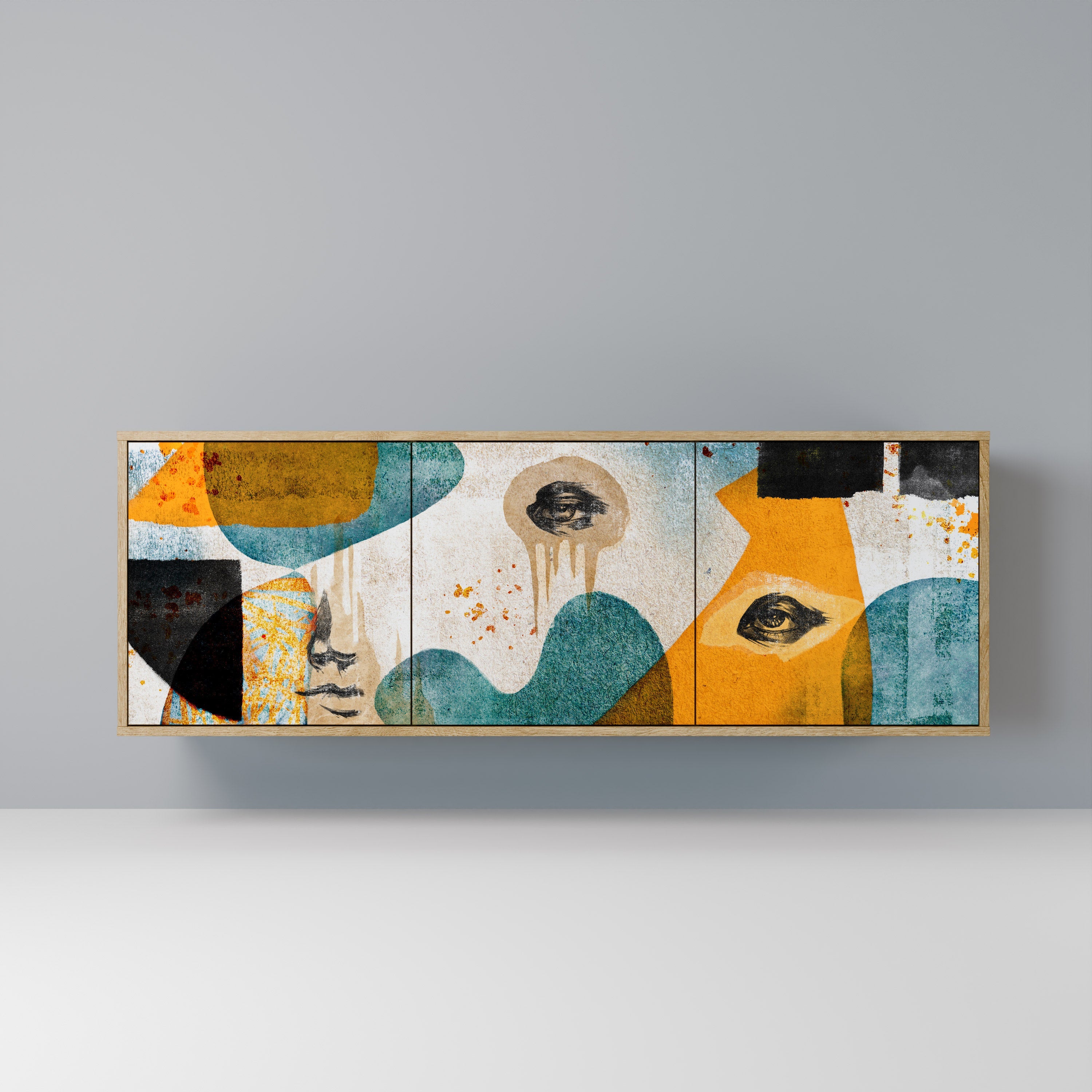 ABSTRACT FACES 3-Door Sideboard in Oak Effect