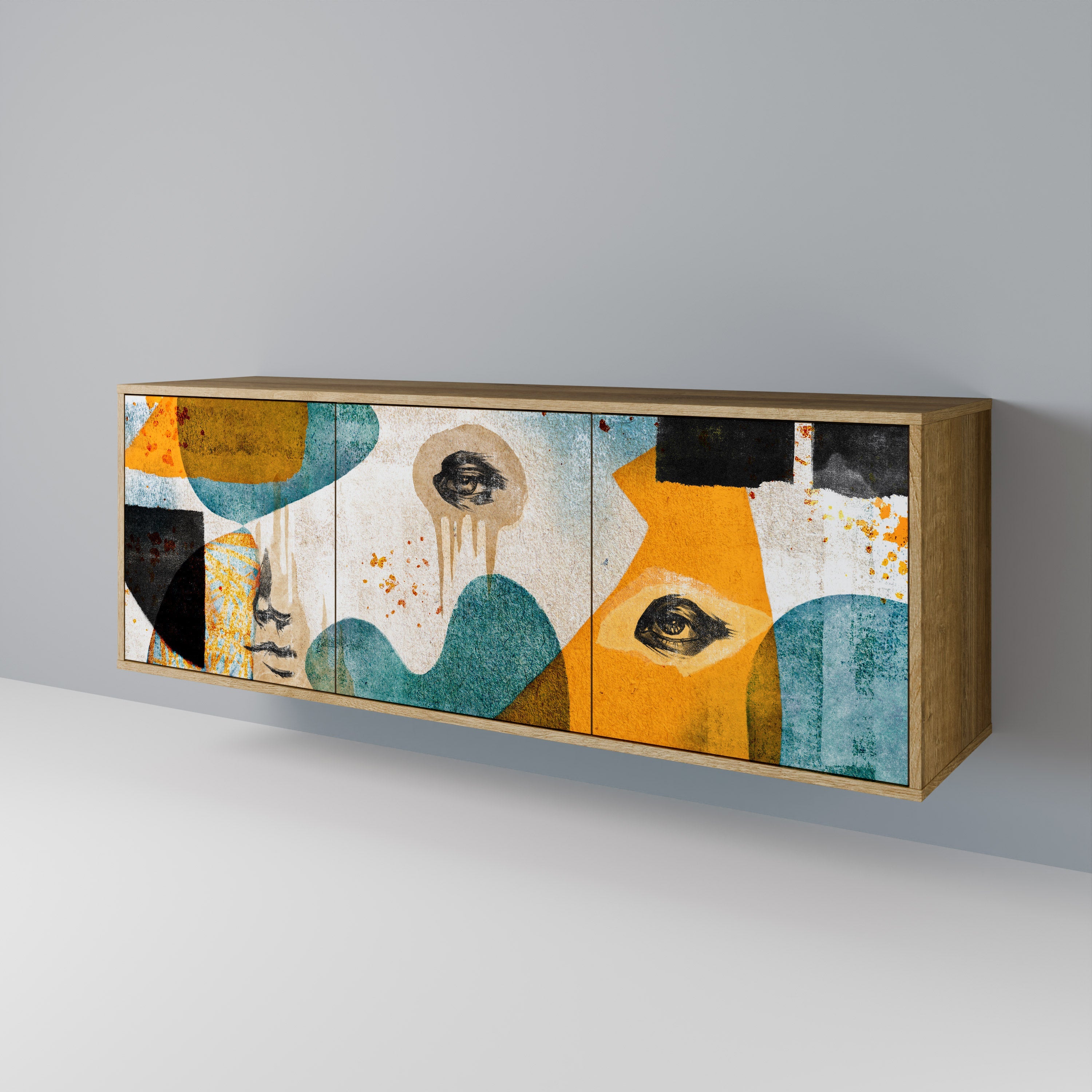 ABSTRACT FACES 3-Door Sideboard in Oak Effect