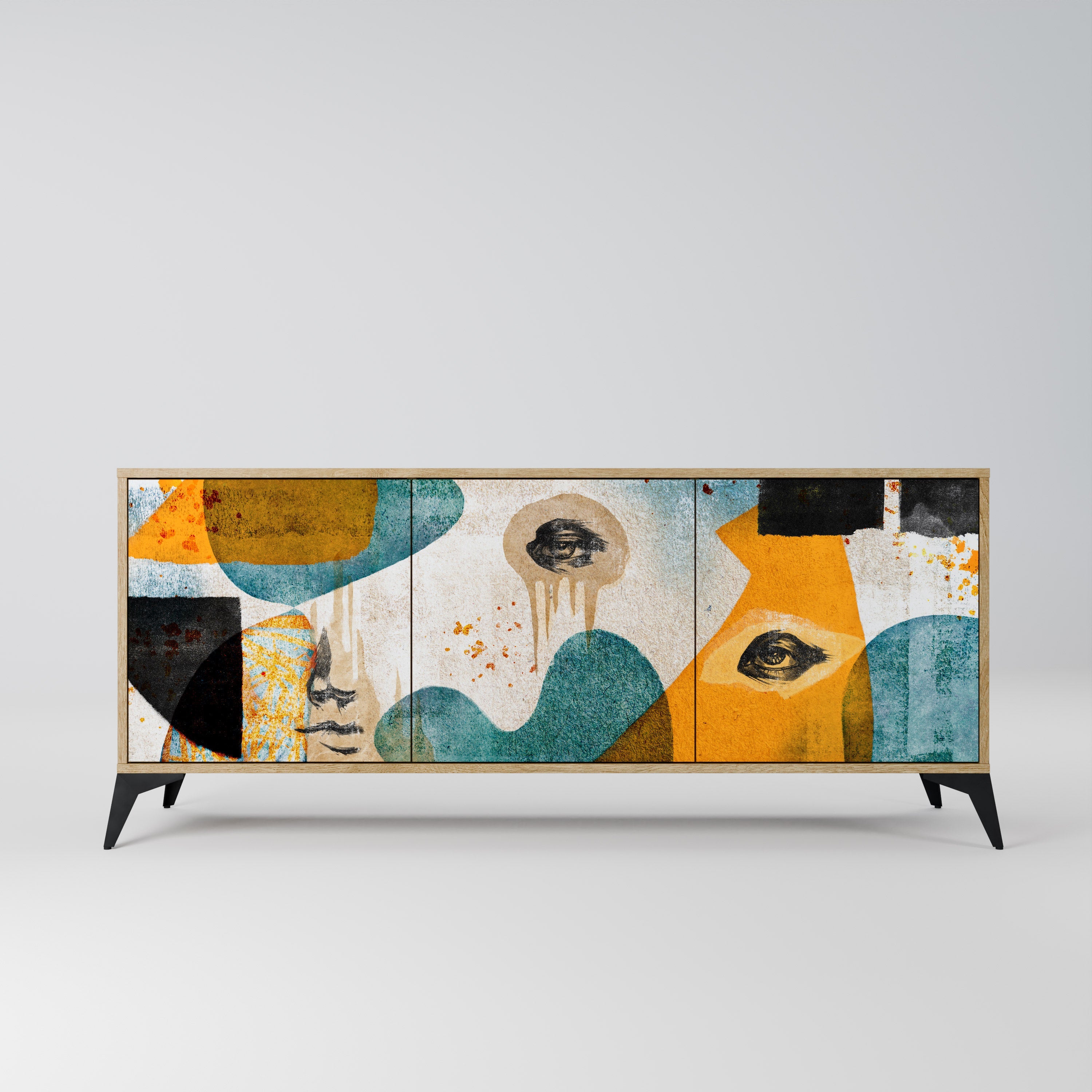 ABSTRACT FACES 3-Door Sideboard in Oak Effect