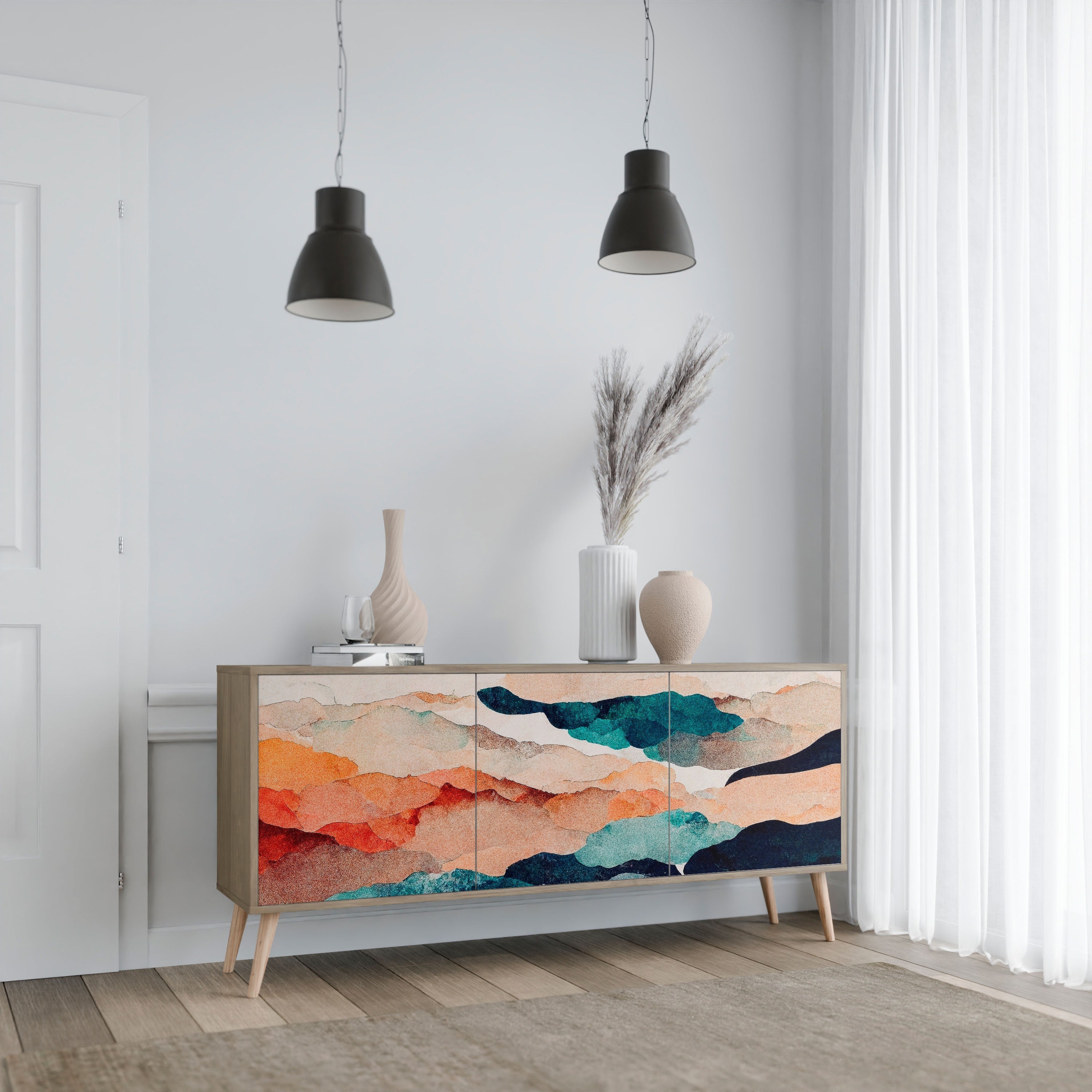 Μπουφές ABSTRACT LANDSCAPE με 3 πόρτες σε χρώμα δρυός
