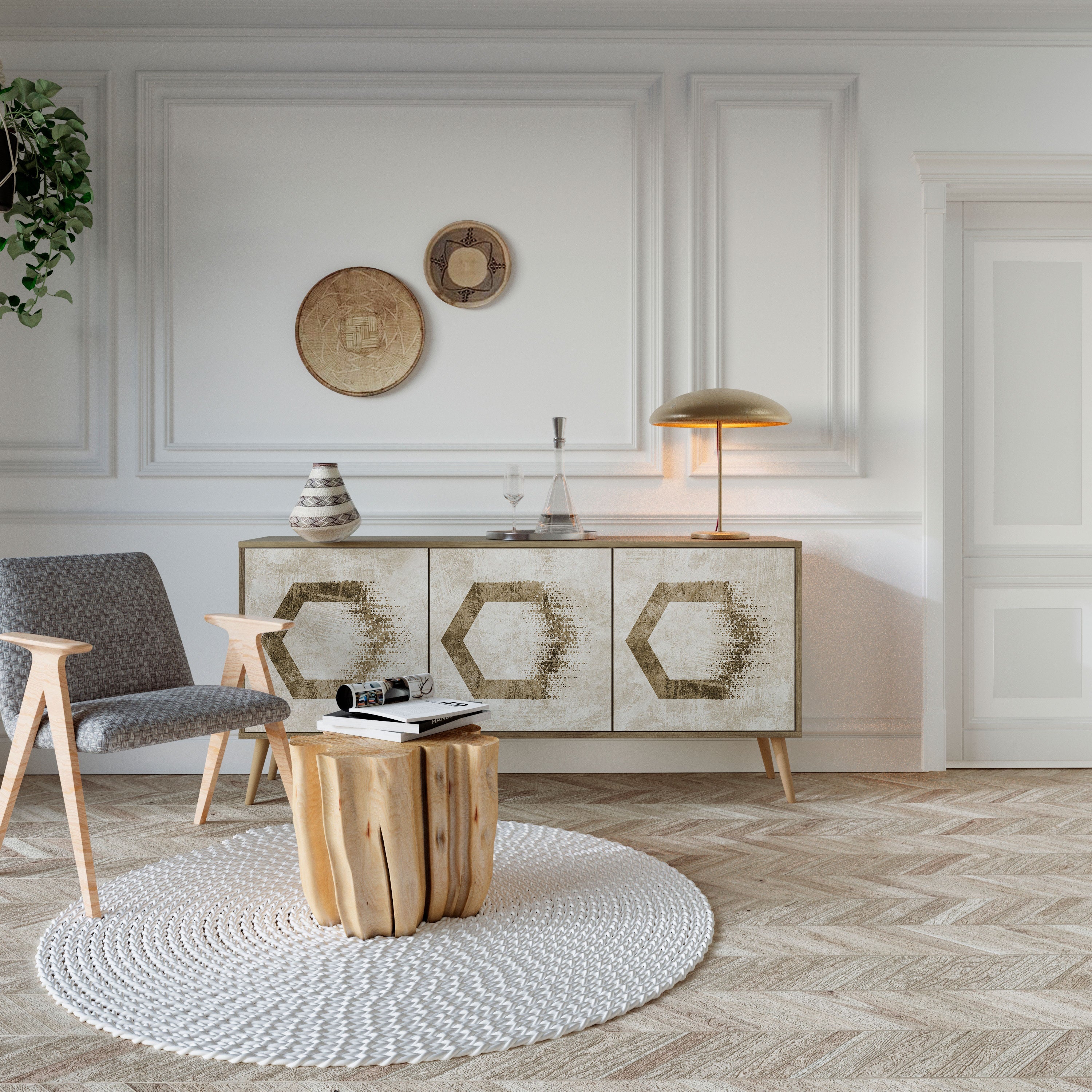 HEXAGONAL SHAPES 3-Door Sideboard in Oak Effect