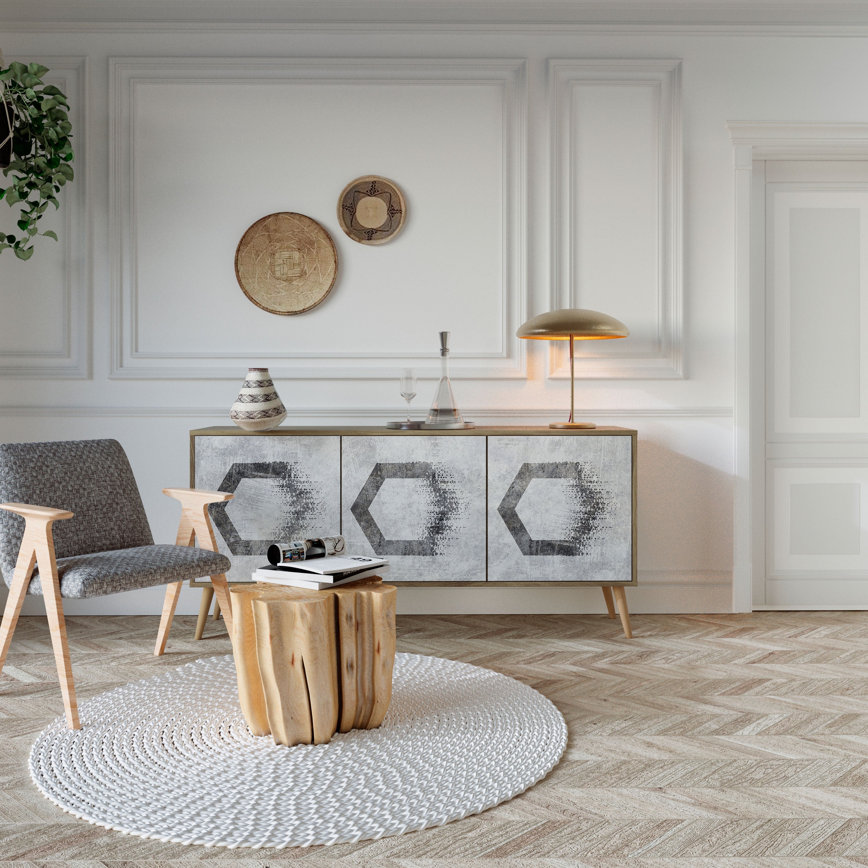 HEXAGONAL FIGURES 3-Door Sideboard in Oak Effect