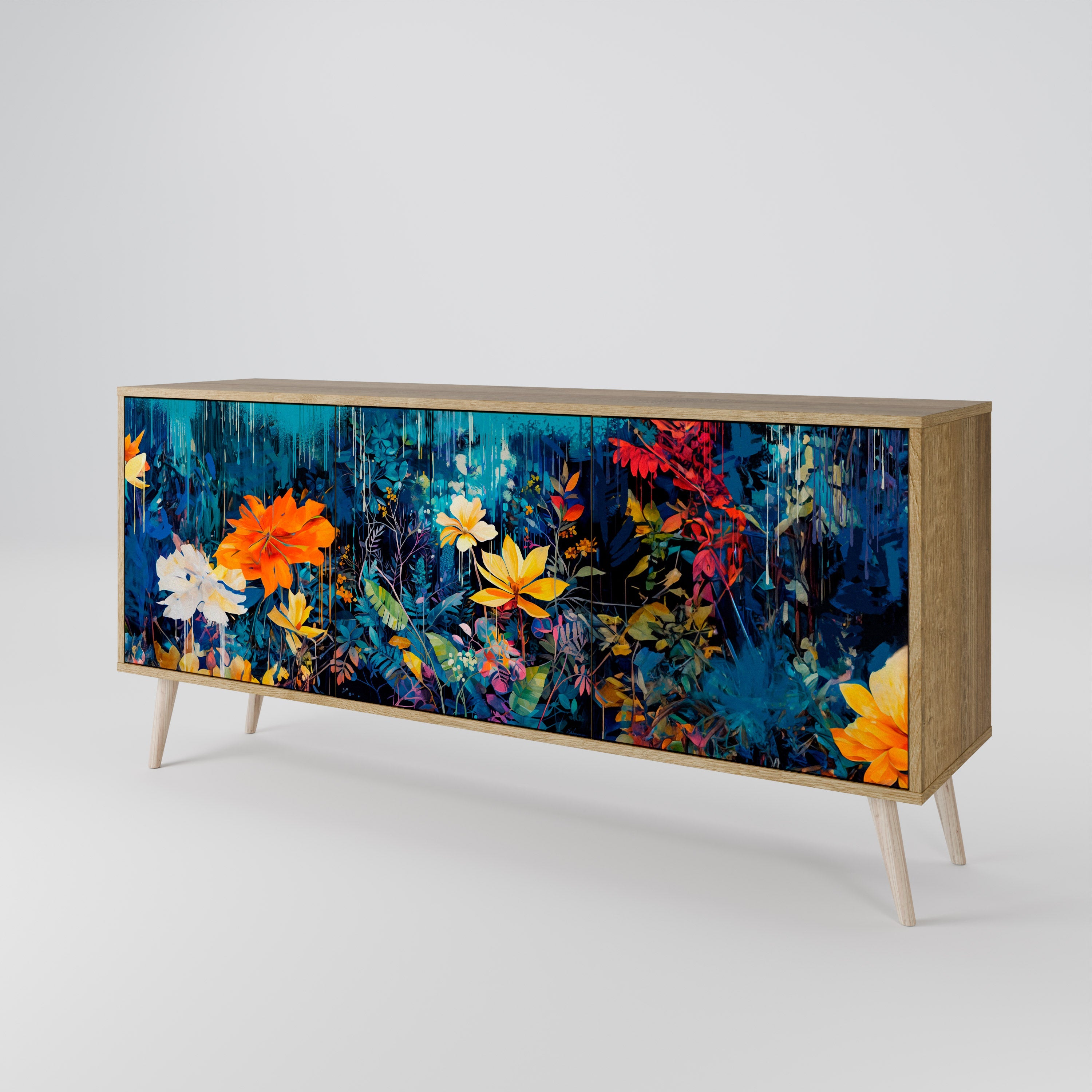 MIDNIGHT BLOSSOM 3-Door Sideboard in Oak Effect