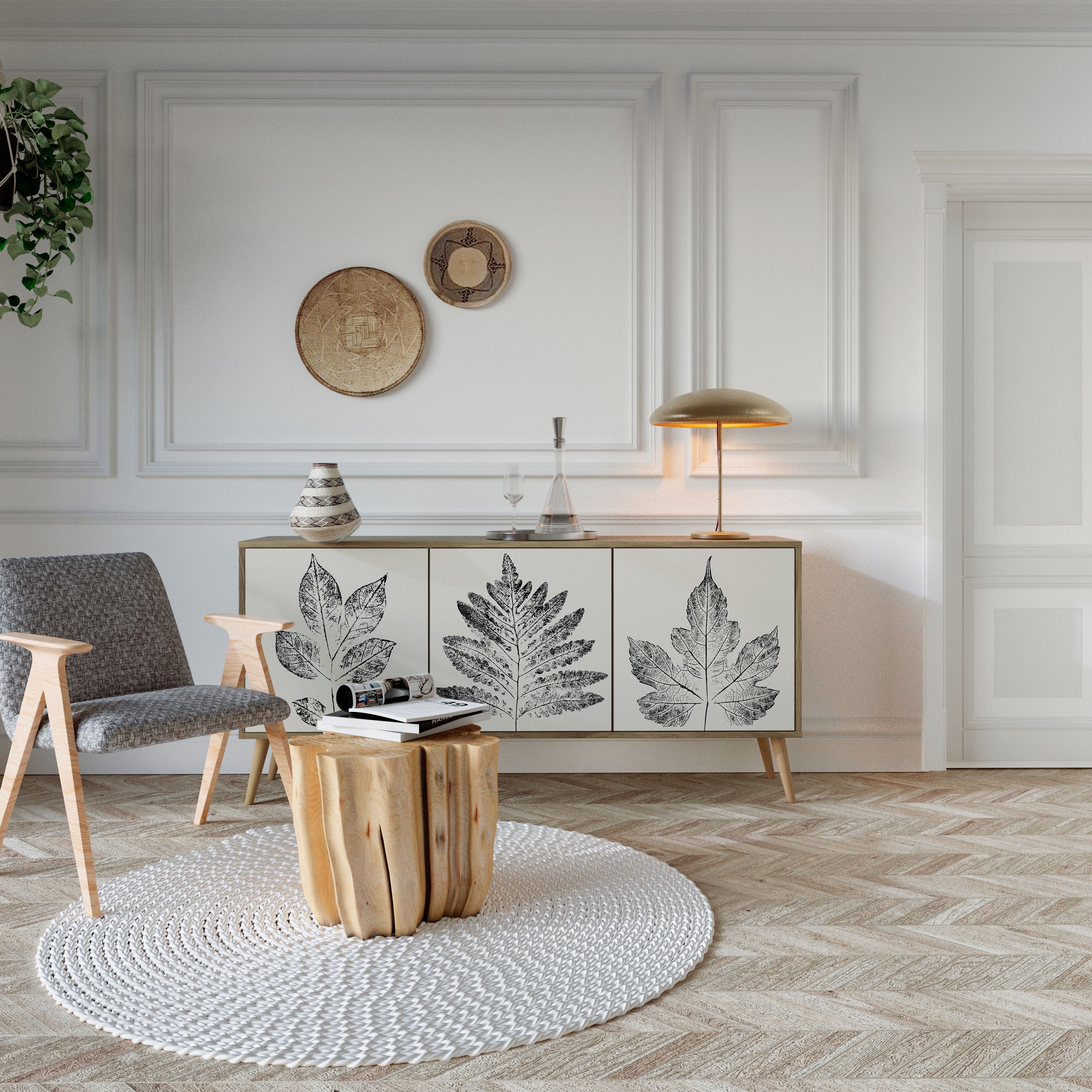 LEAFY STAMPS 3-Door Sideboard in Oak Effect