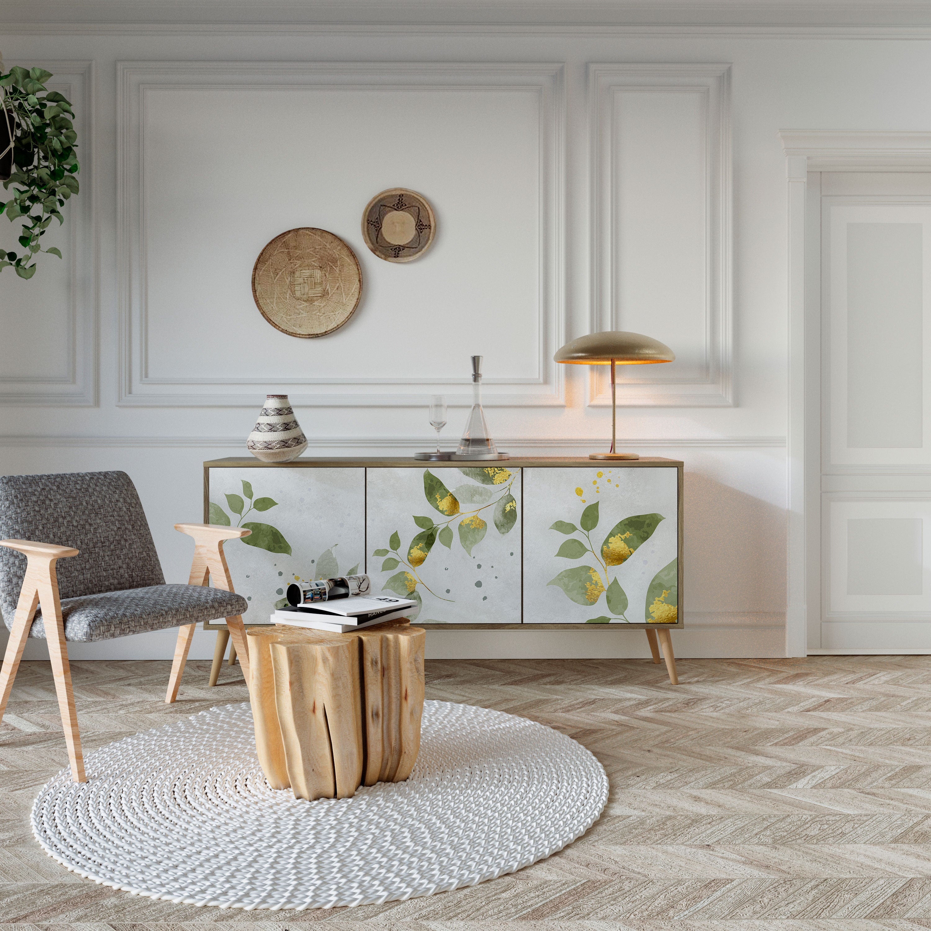 ELEGANT BOTANICS Τρίθυρο Μπουφές σε Απόχρωση Δρυός